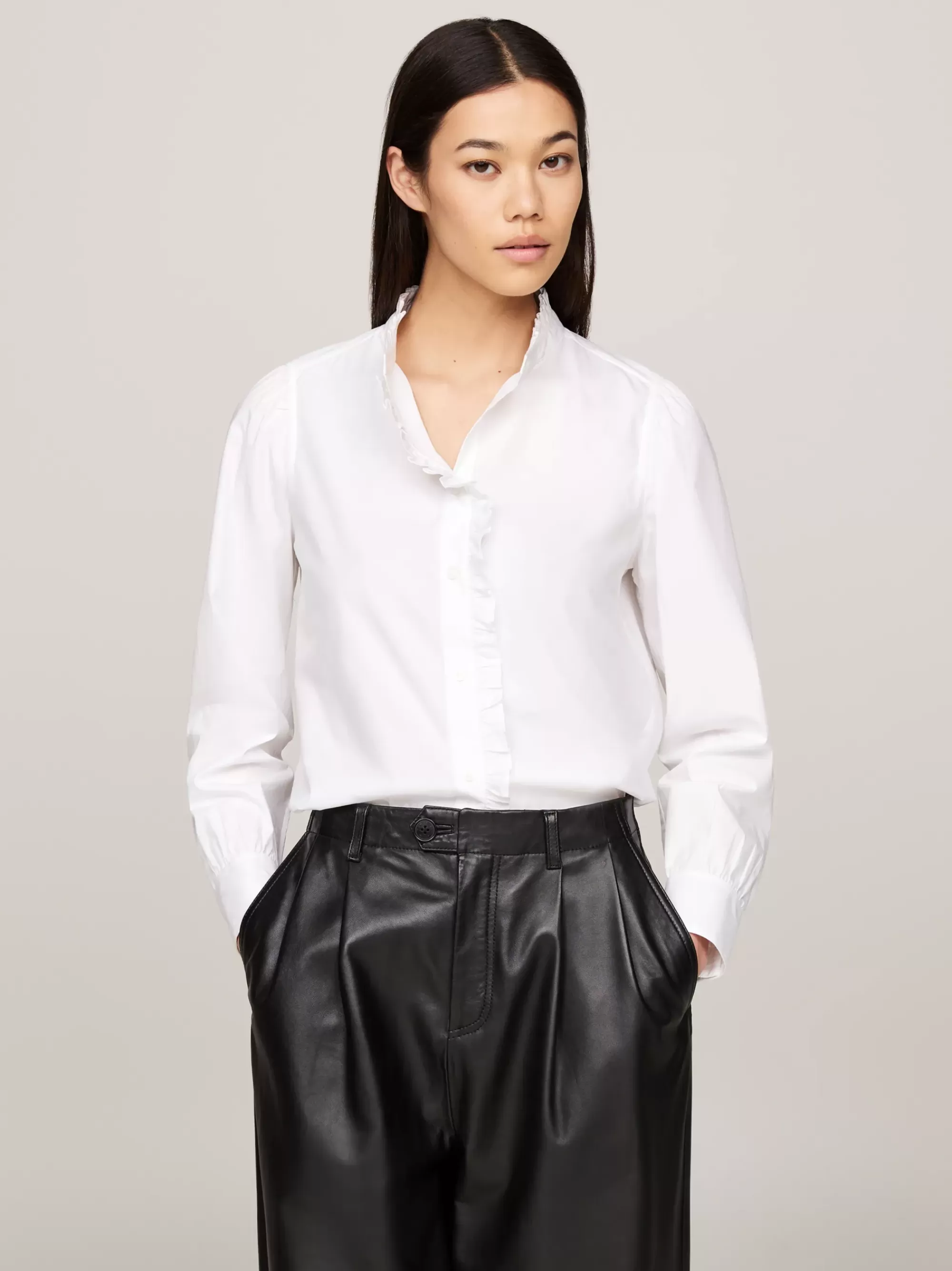 Blouses & Overhemden*Tommy Hilfiger Regular Overhemd Met Opstaande Hals En Ruches TH OPTIC WHITE