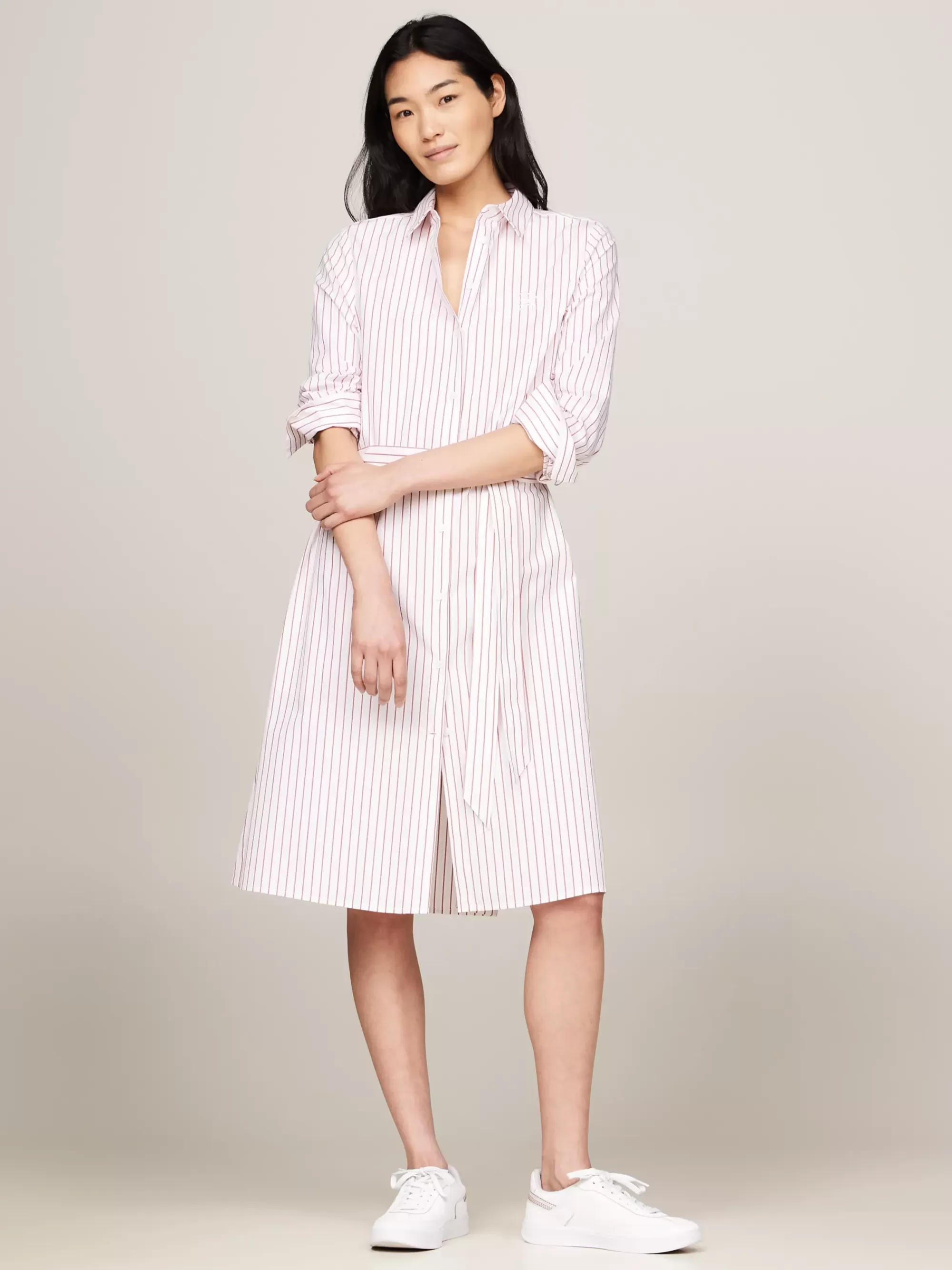 Jurken*Tommy Hilfiger Regular Overhemdjurk Met Streep En Scriptlogo CLASSIC SHIRTING STP/ PINK