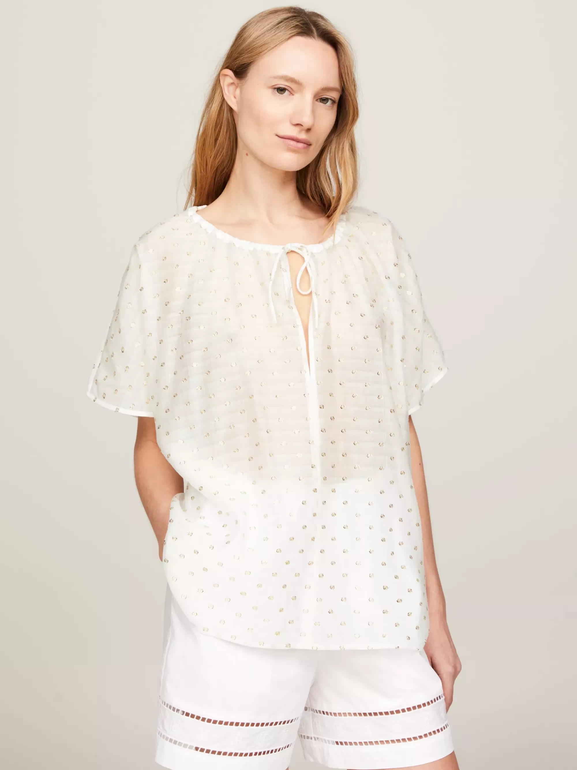 Blouses & Overhemden*Tommy Hilfiger Relaxed Blouse Met Geplooide Halslijn FIL COUPE WHITE/ GOLD