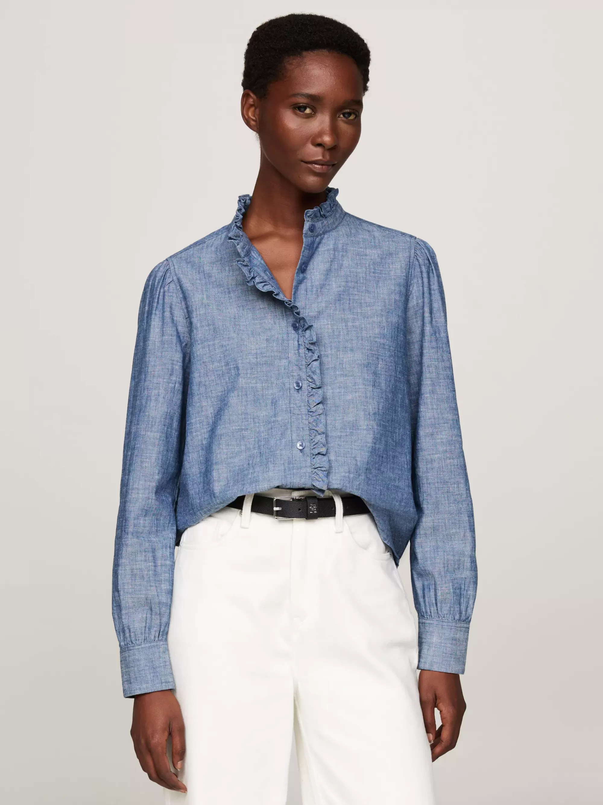 Blouses & Overhemden*Tommy Hilfiger Relaxed Fit Chambray Overhemd Met Ruches MID BLUE CHAMBRAY