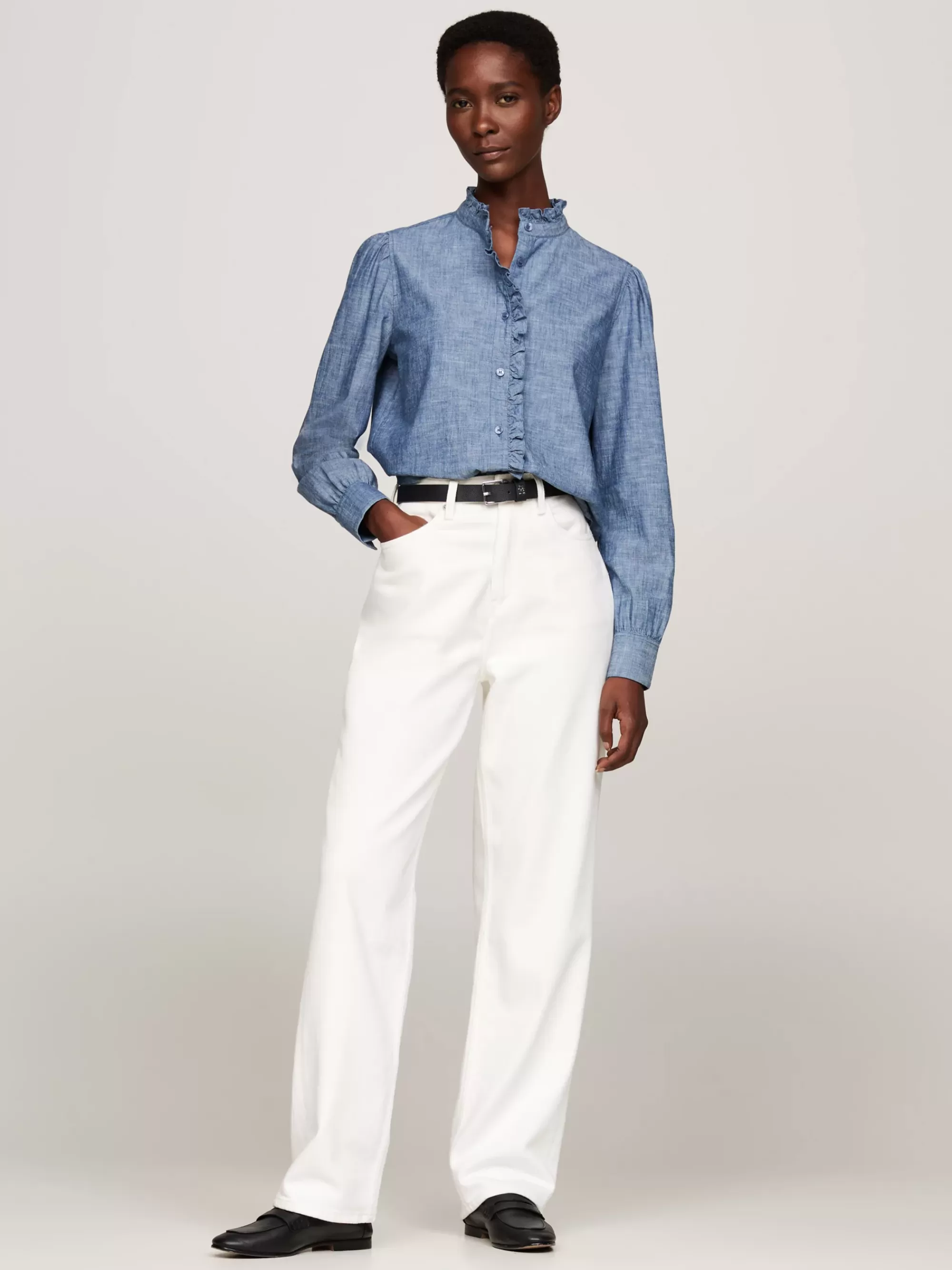 Blouses & Overhemden*Tommy Hilfiger Relaxed Fit Chambray Overhemd Met Ruches MID BLUE CHAMBRAY