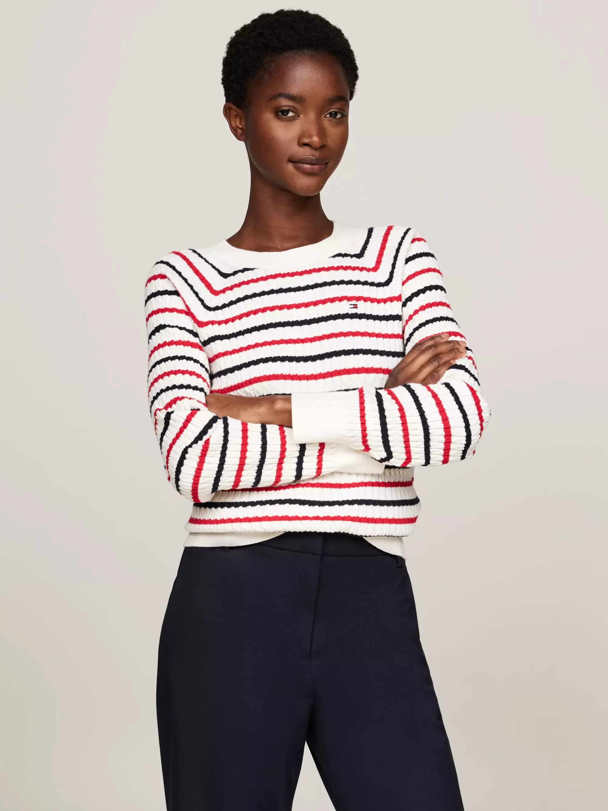 Truien Met Ronde Hals | Truien*Tommy Hilfiger Relaxed Fit Gebreide Trui Met Mini-kabels RWB STRIPE