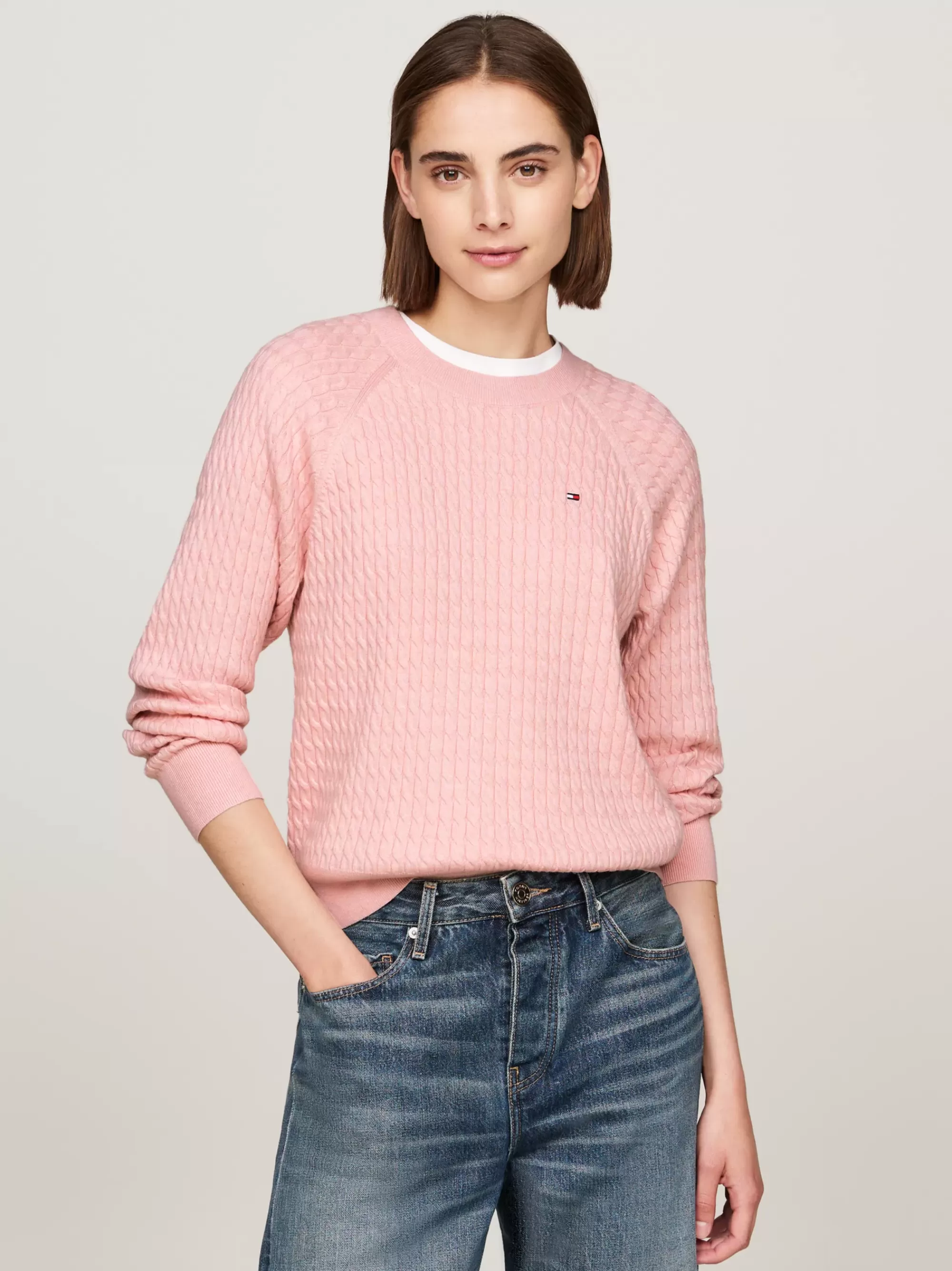Truien Met Ronde Hals | Truien*Tommy Hilfiger Relaxed Fit Gebreide Trui Met Mini-kabels DELICATE PINK HEATHER