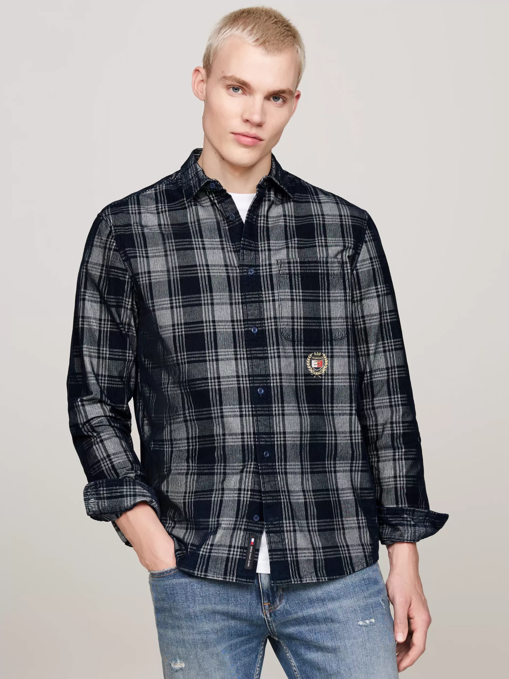 Overhemden*Tommy Hilfiger Relaxed Fit Geruit Overhemd Met Embleem DARK NIGHT NAVY