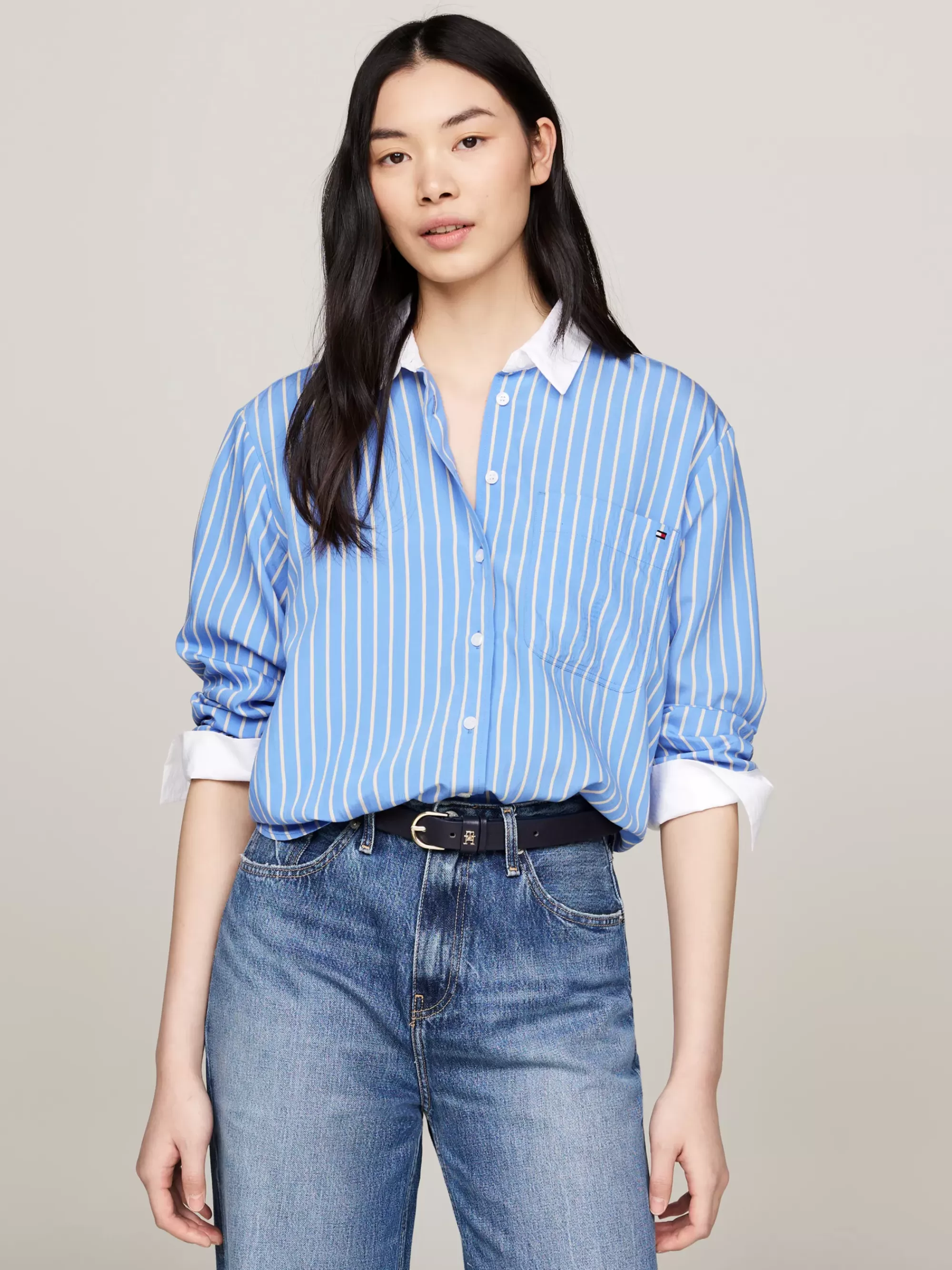 Blouses & Overhemden*Tommy Hilfiger Relaxed Fit Gestreept Overhemd Met Borstzak STRIPE/ VESSEL BLUE