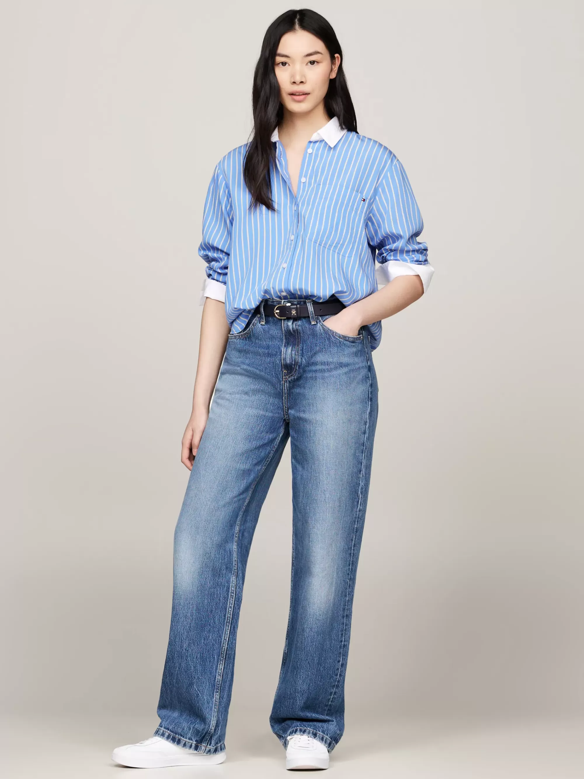 Blouses & Overhemden*Tommy Hilfiger Relaxed Fit Gestreept Overhemd Met Borstzak STRIPE/ VESSEL BLUE