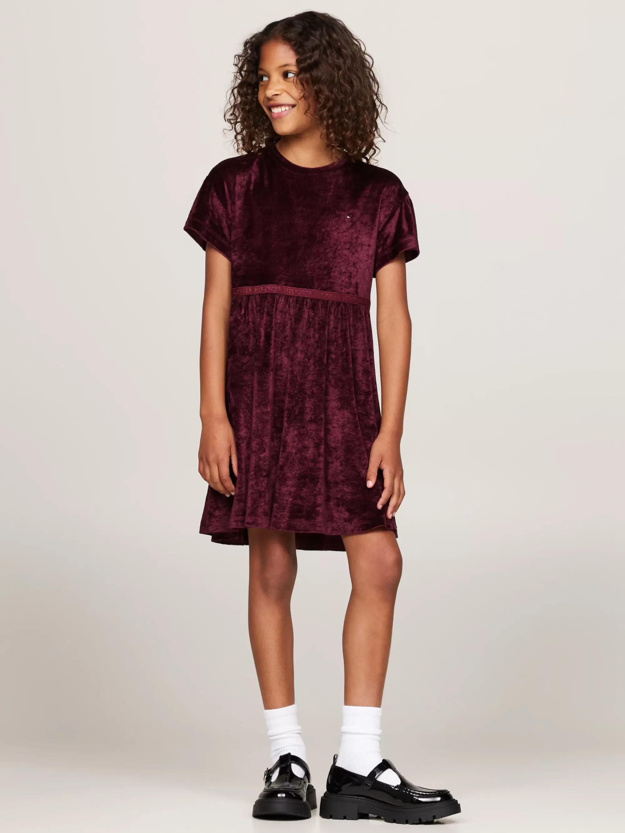 Jurken*Tommy Hilfiger Relaxed Fit Jurk Van Velours Met Korte Mouwen DEEP ROUGE