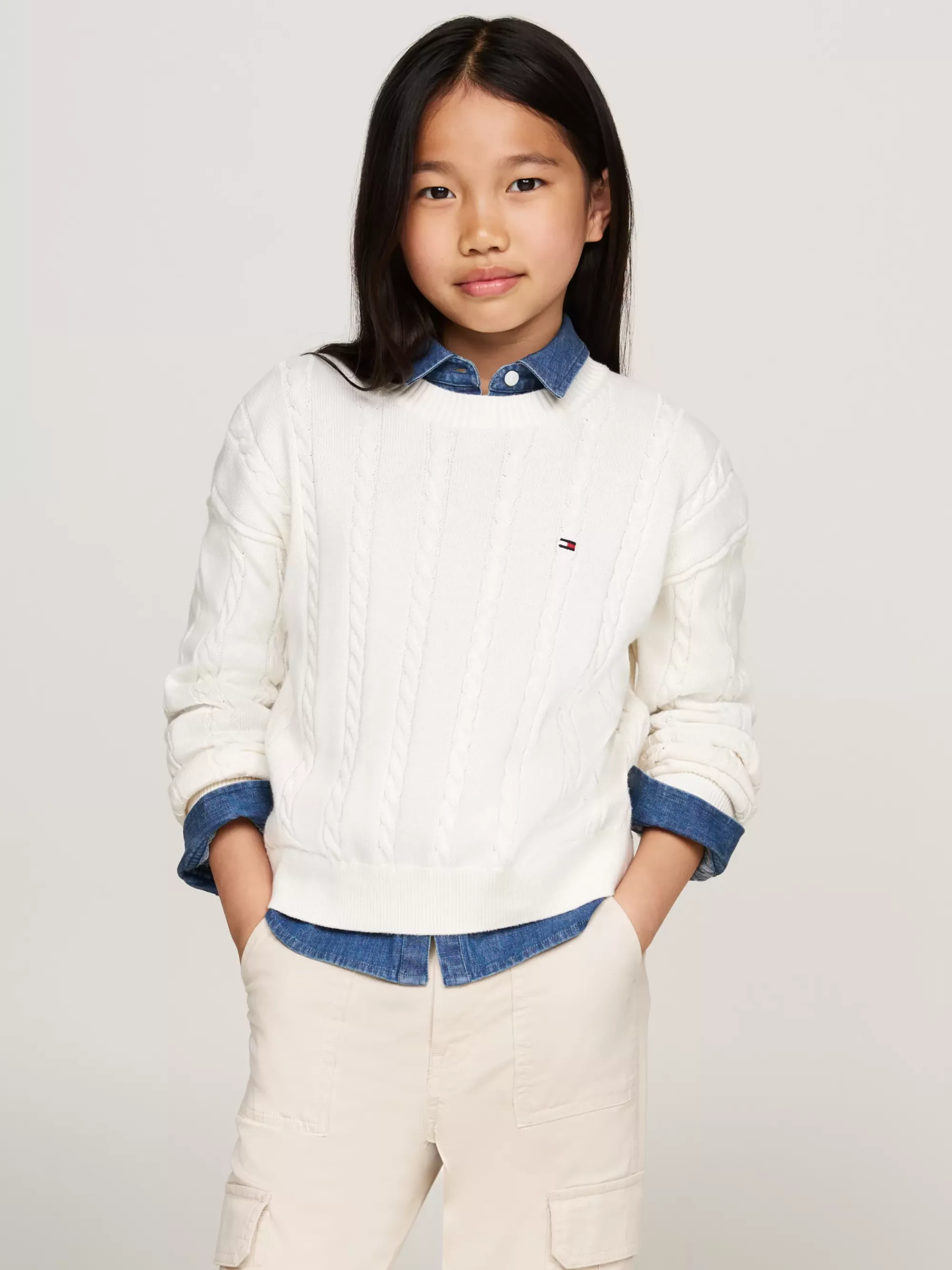 Truien & Vesten*Tommy Hilfiger Relaxed Fit Kabelgebreide Trui Met Ronde Hals IVORY PETAL