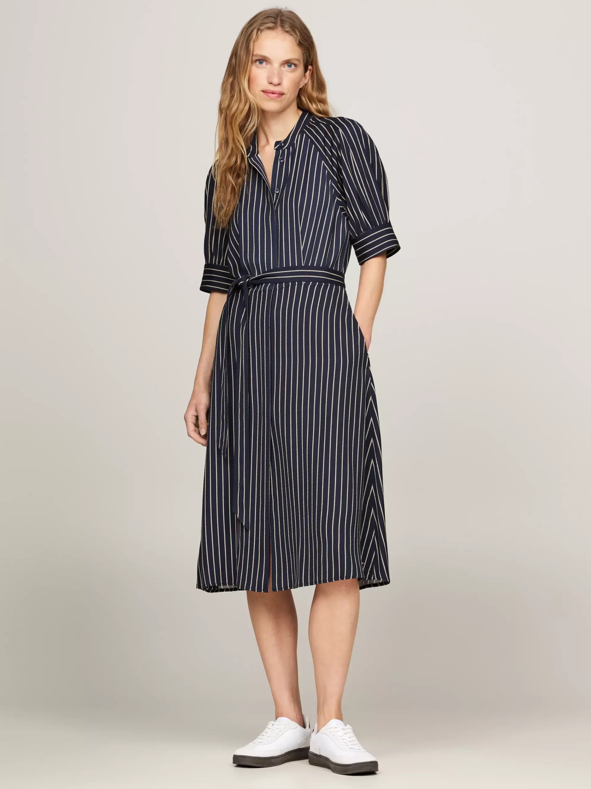Jurken*Tommy Hilfiger Relaxed Fit Midi-overhemdjurk Met Koordstreep ROPE STP/ DESERT SKY