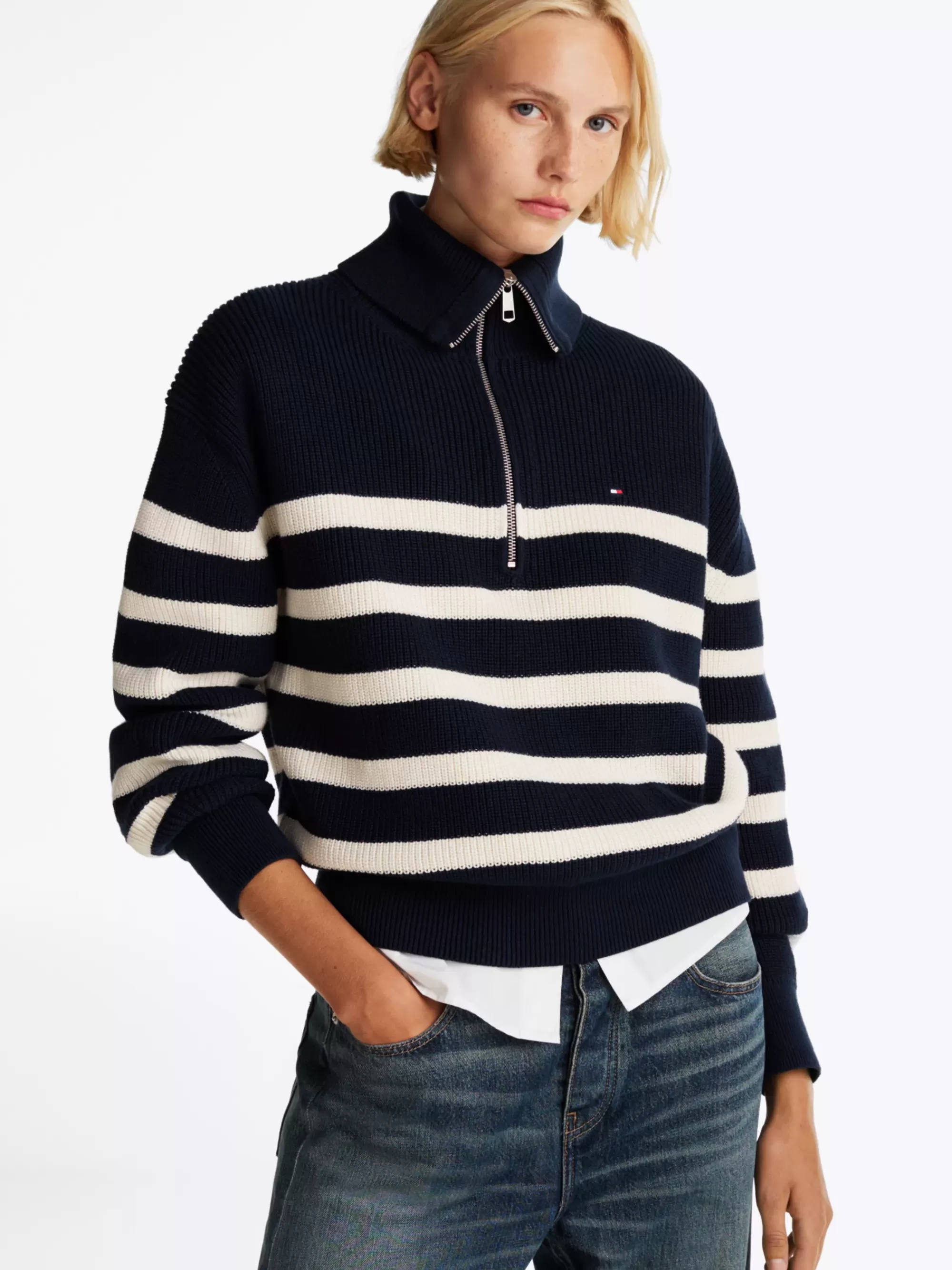 Truien | Truien & Vesten*Tommy Hilfiger Relaxed Fit Trui Met Halve Rits DESERT SKY/IVORY PETAL STRIPE