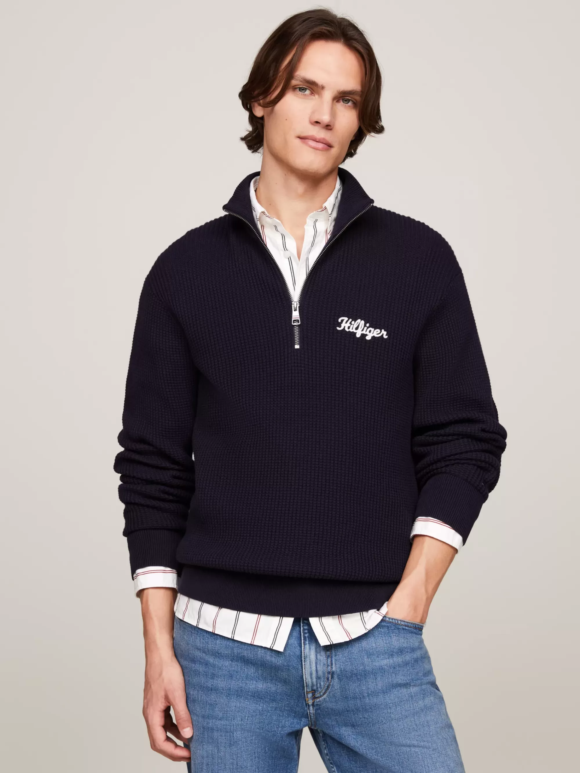 Trui Met Rits | Truien*Tommy Hilfiger Relaxed Fit Trui Met Halve Rits En Wafelsteek DESERT SKY