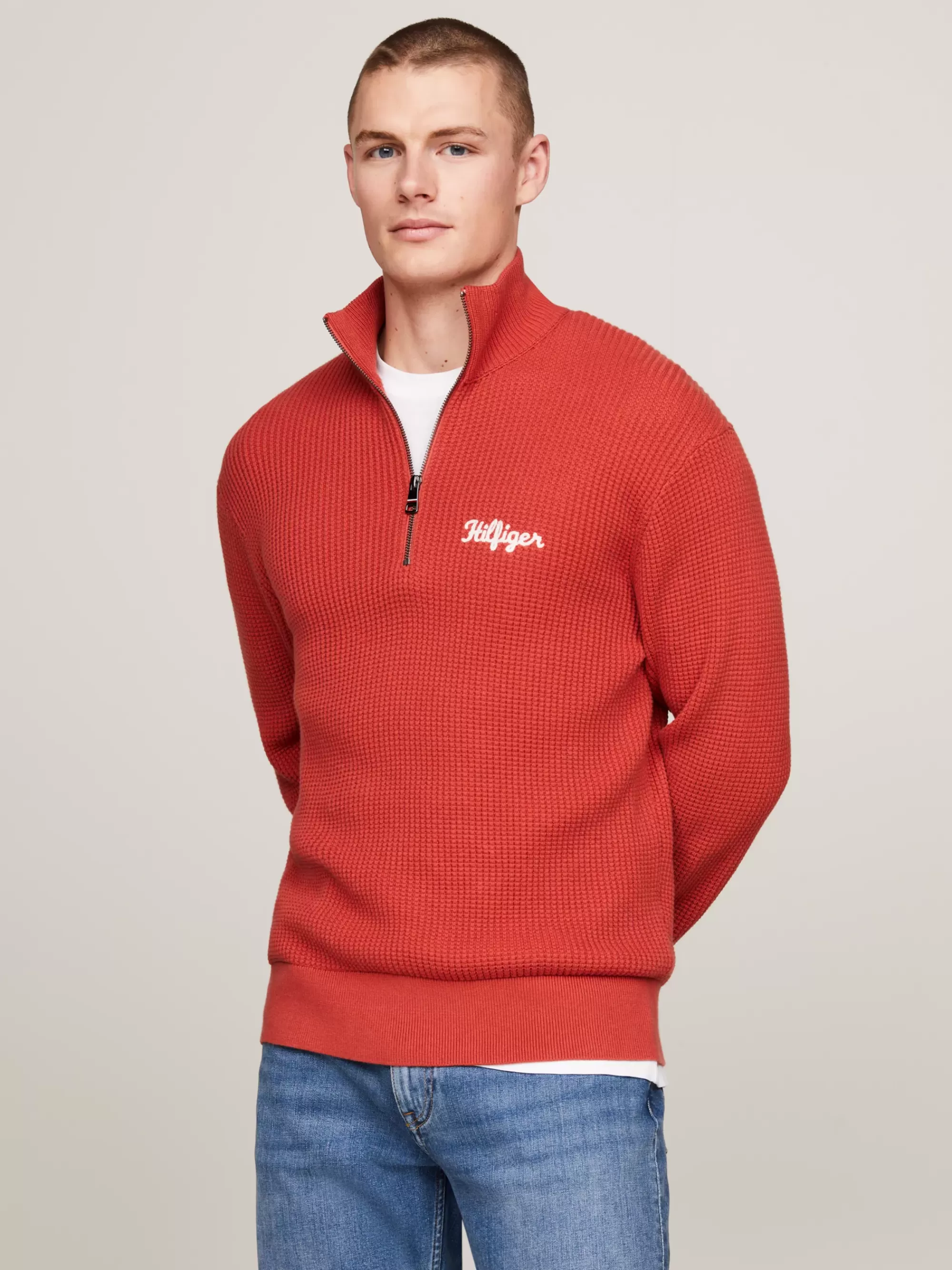 Trui Met Rits | Truien*Tommy Hilfiger Relaxed Fit Trui Met Halve Rits En Wafelsteek TERRA RED