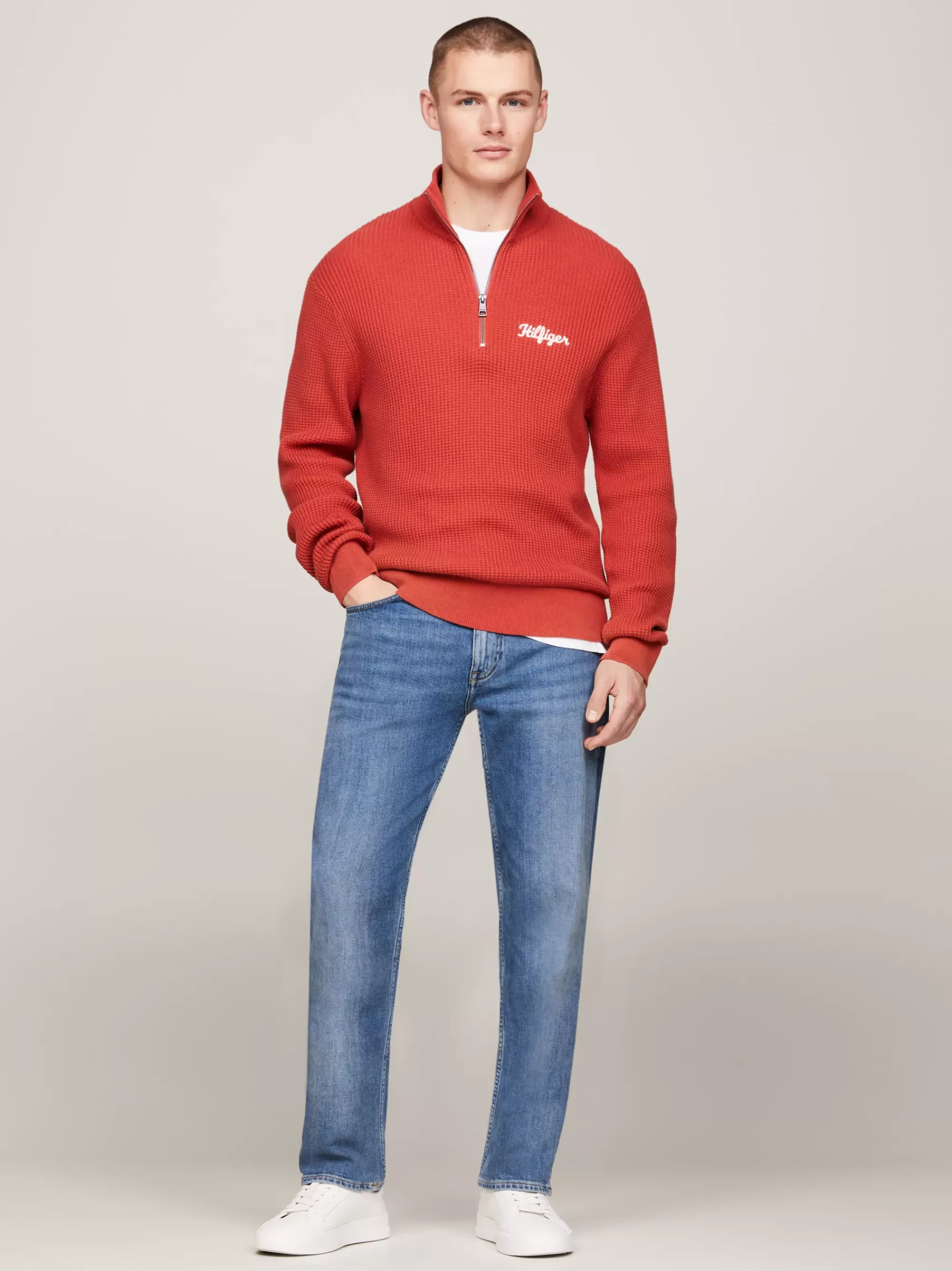 Trui Met Rits | Truien*Tommy Hilfiger Relaxed Fit Trui Met Halve Rits En Wafelsteek TERRA RED