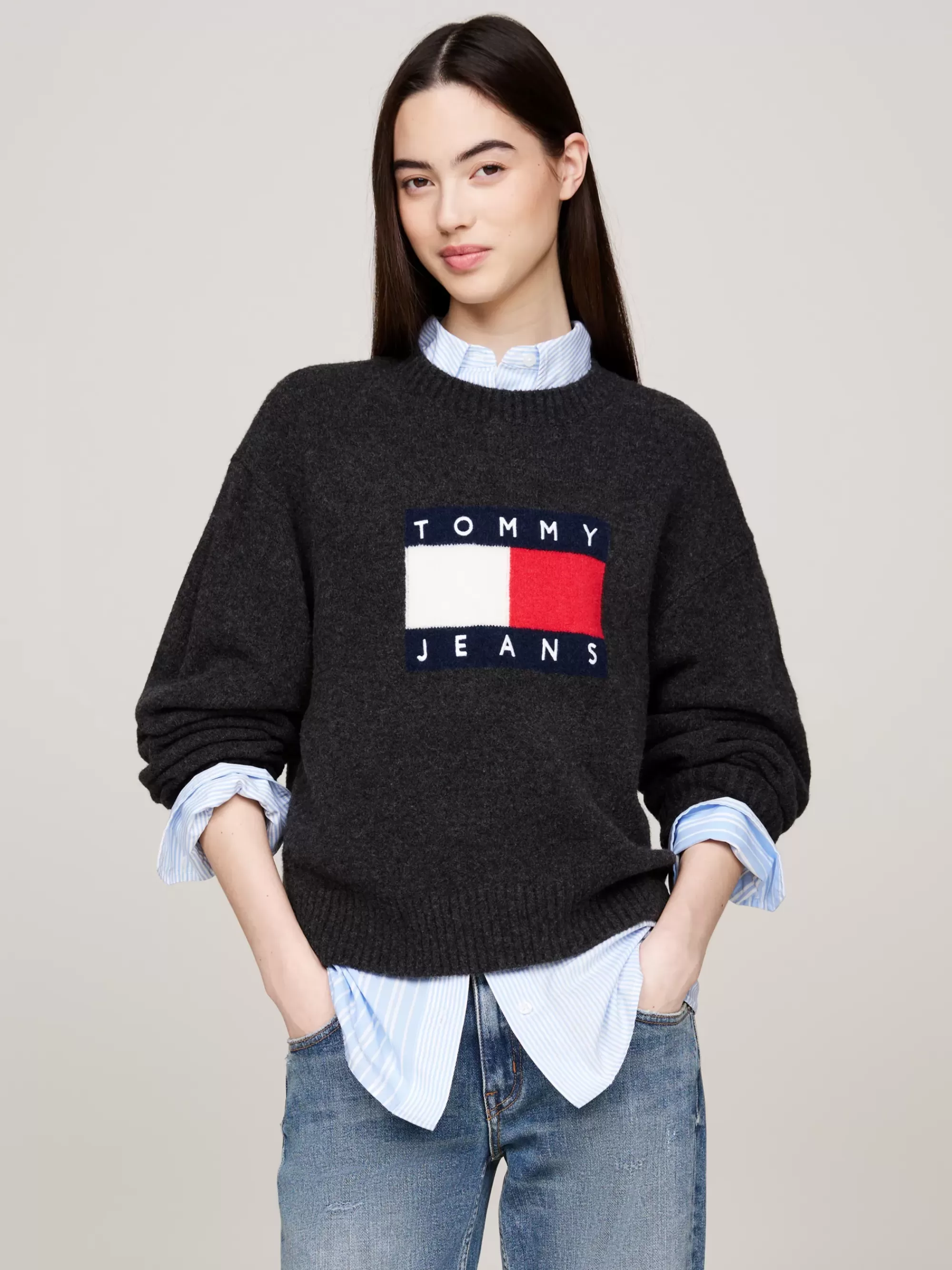 Truien Met Ronde Hals | Truien*Tommy Hilfiger Relaxed Fit Trui Van Gemêleerde Wolmix BLACK MELANGE