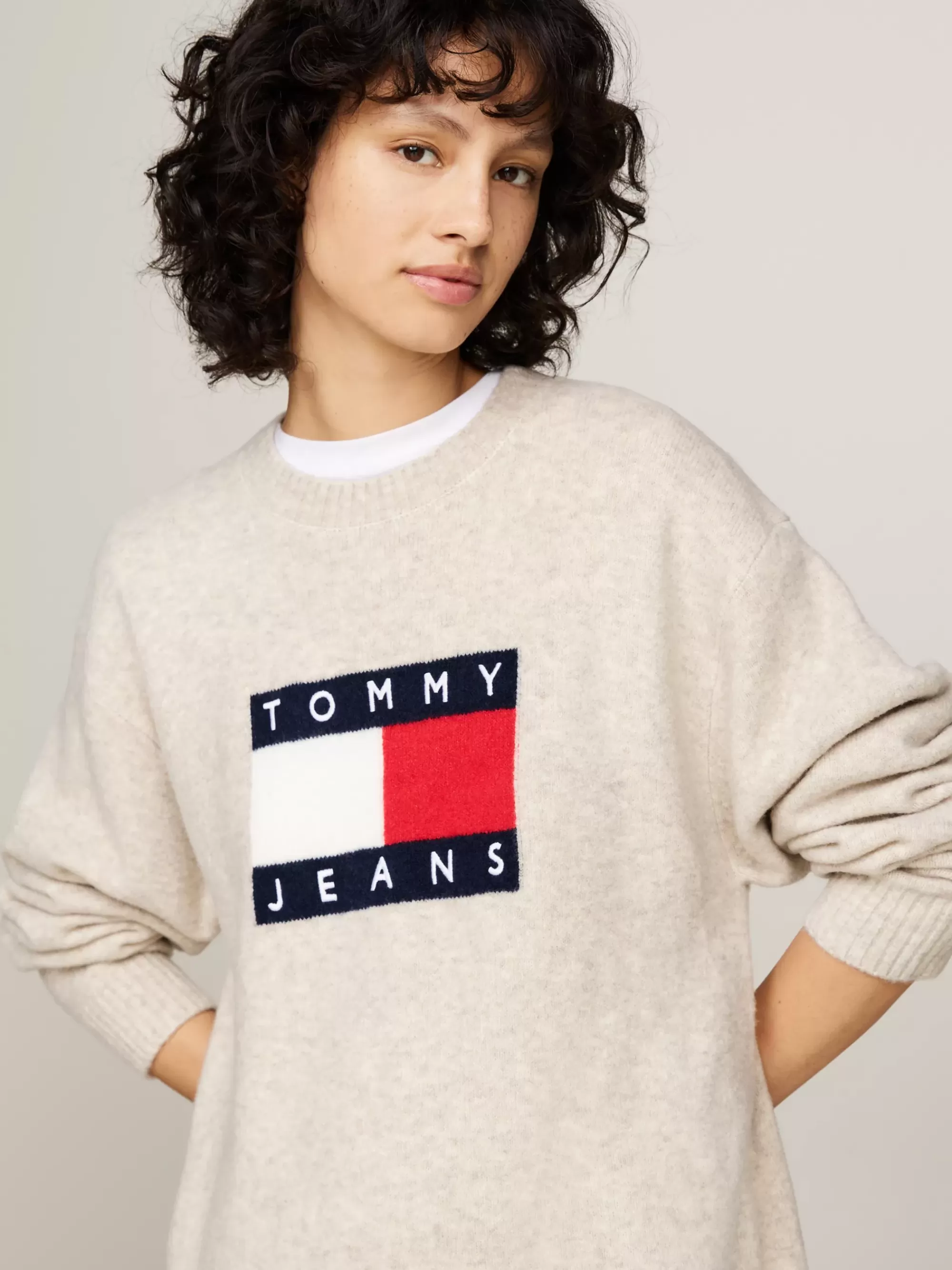 Jurken*Tommy Hilfiger Relaxed Fit Trui-jurk Van Wolmix Melange ANCIENT WHITE MELANGE