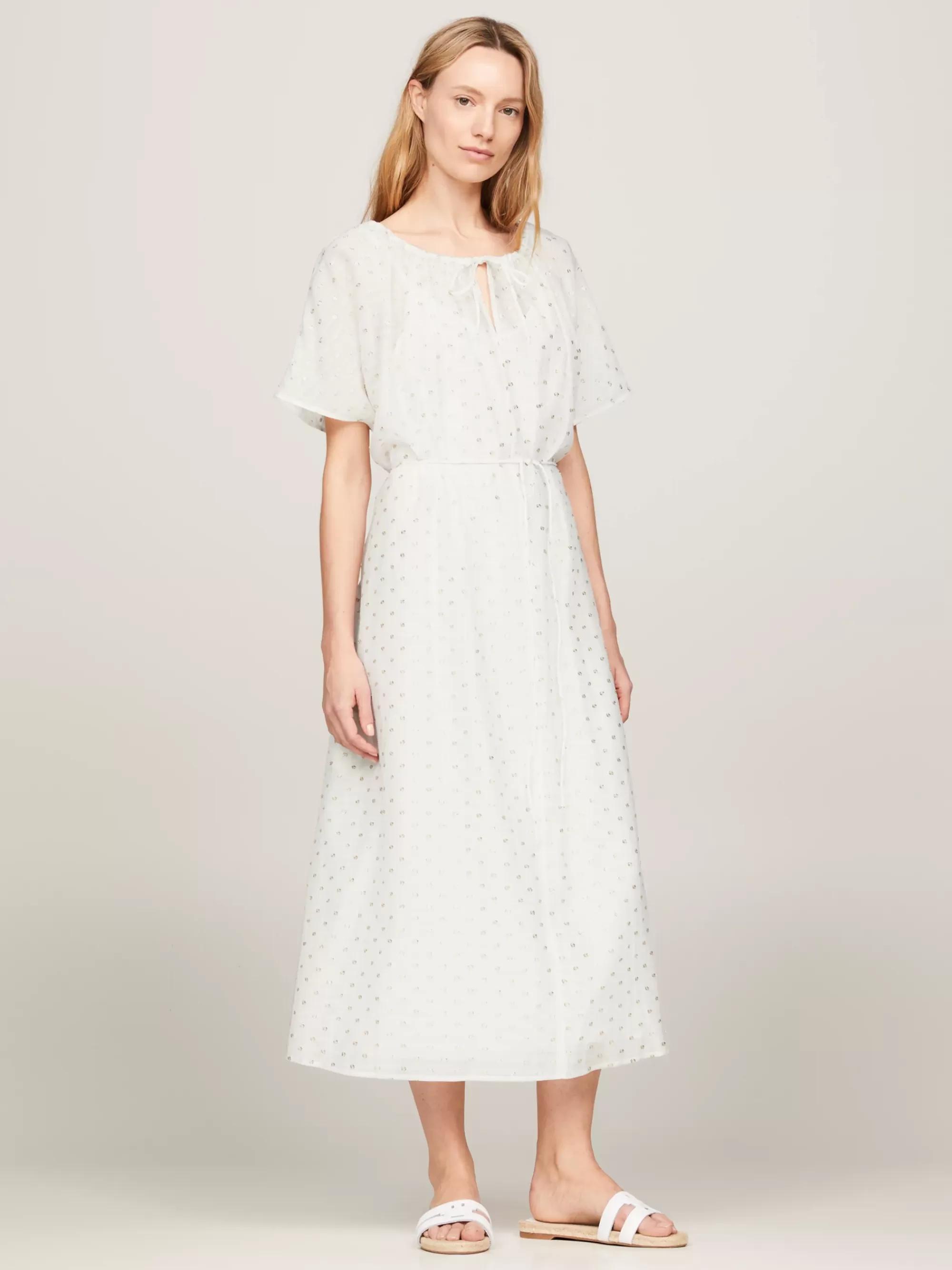 Jurken*Tommy Hilfiger Relaxed Getailleerde Metallic Midi-jurk FIL COUPE WHITE/ GOLD