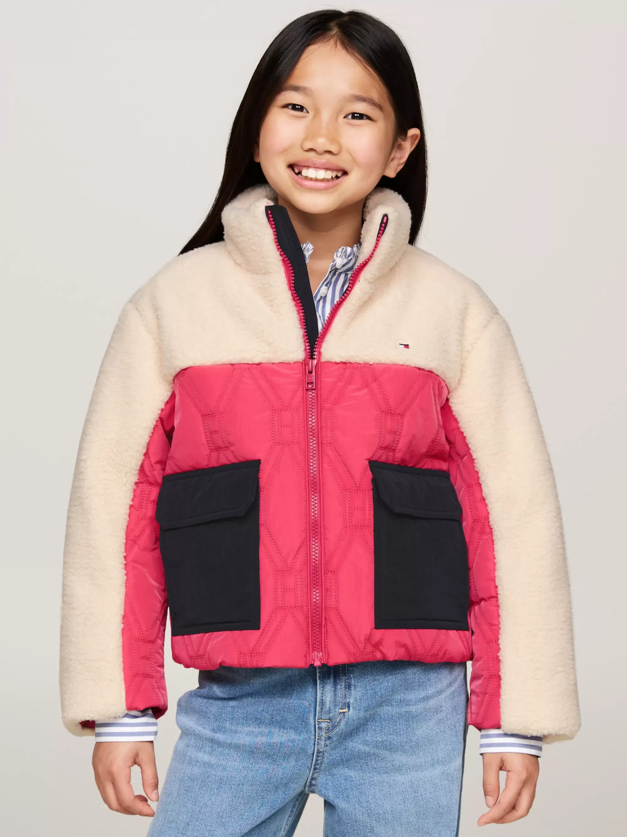Jassen & Jacks*Tommy Hilfiger Relaxed Pufferjack Met Gemengde Texturen DEEP ROUGE / WHITE COLORBLOCK