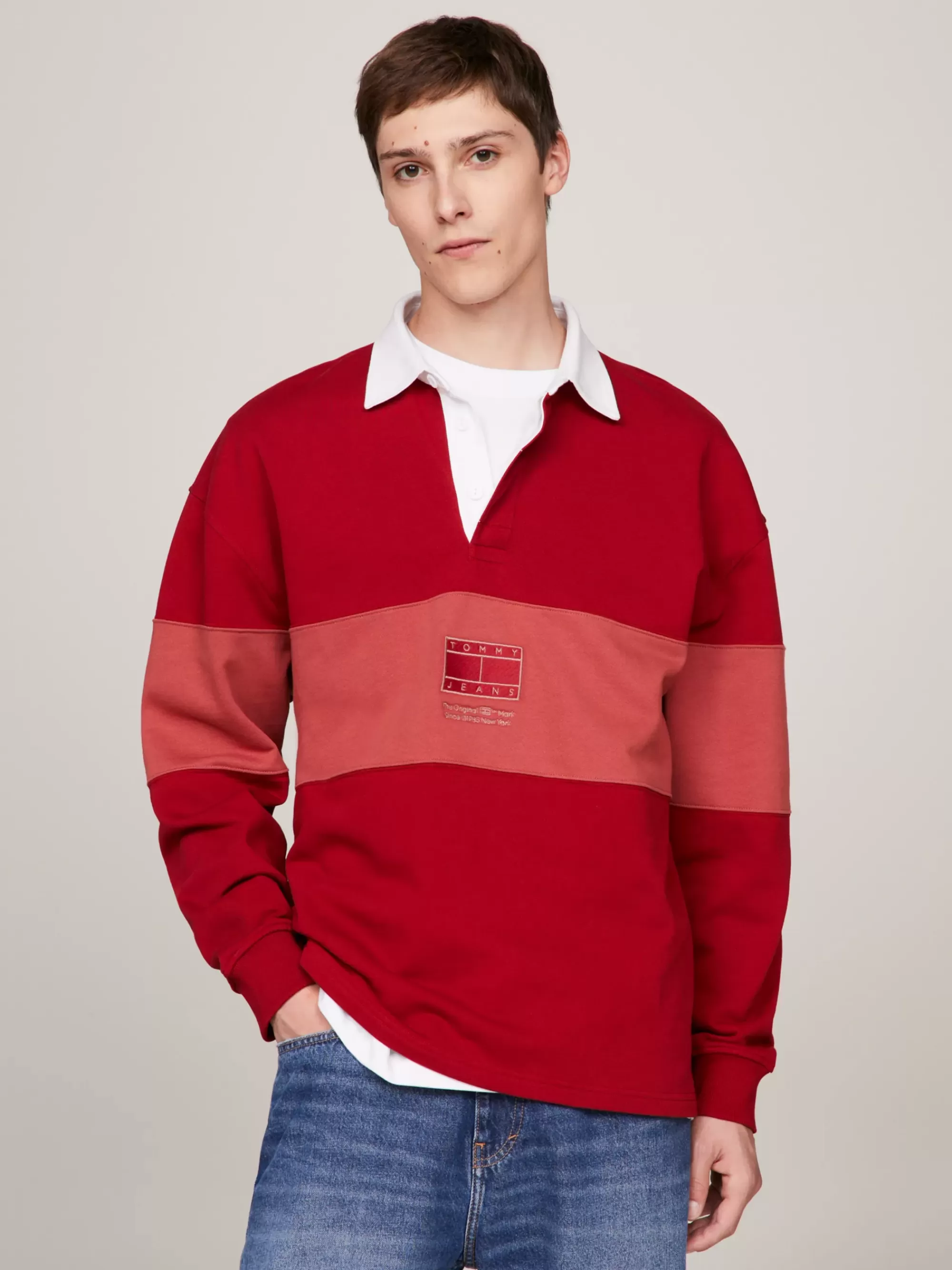 Polo's*Tommy Hilfiger Relaxed Rugbyshirt Met Ton-sur-ton Paneel MAGMA RED