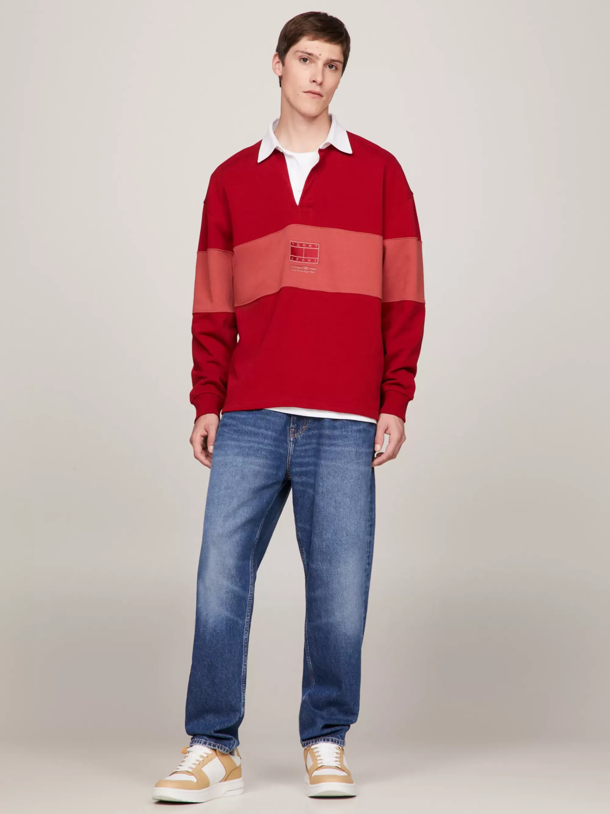 Polo's*Tommy Hilfiger Relaxed Rugbyshirt Met Ton-sur-ton Paneel MAGMA RED