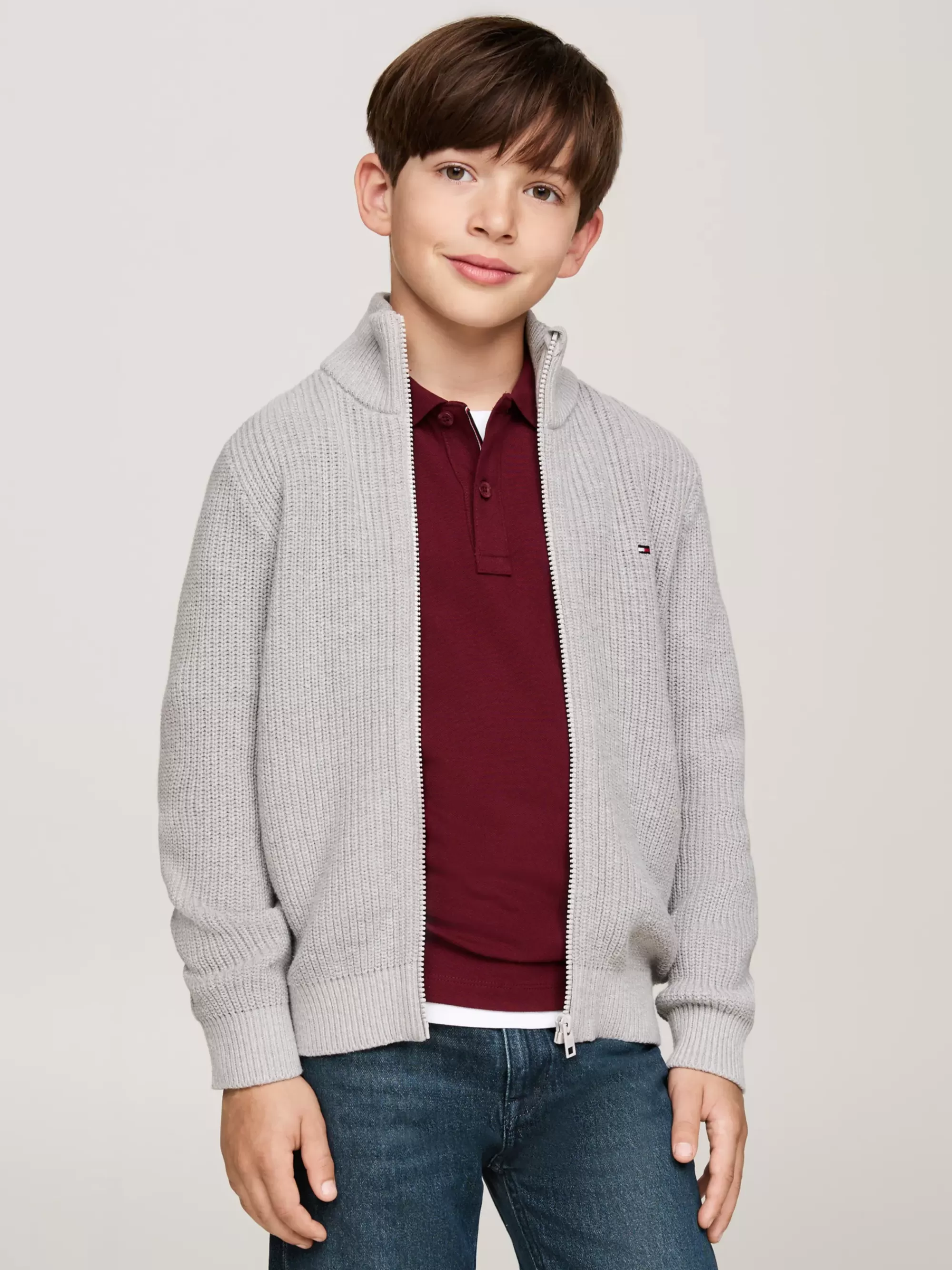 Truien & Vesten*Tommy Hilfiger Ribgebreide Trui Met Rits LIGHT GREY HEATHER
