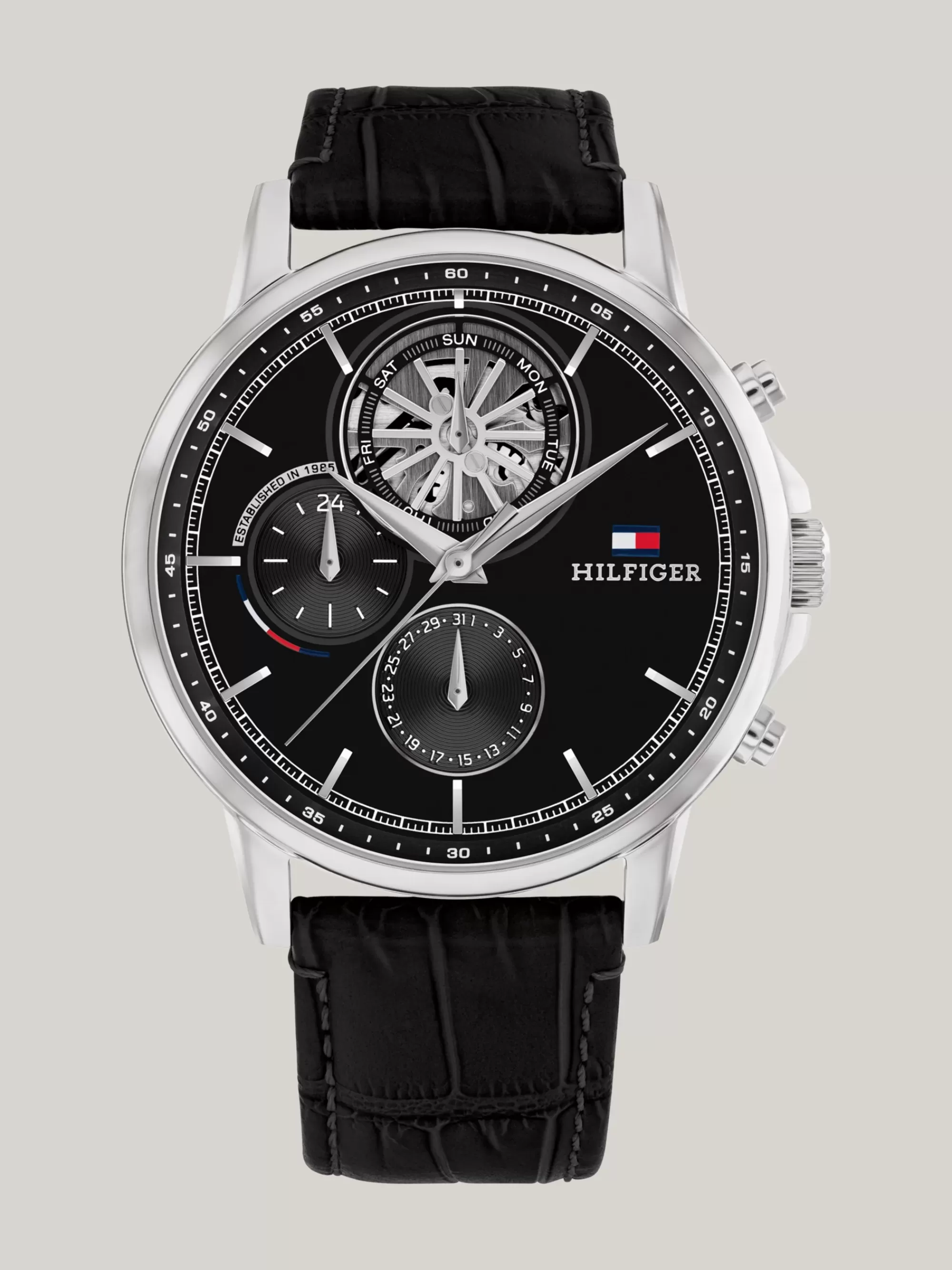 Horloges*Tommy Hilfiger Roestvrijstalen Horloge Met Zwarte Leren Band BLACK