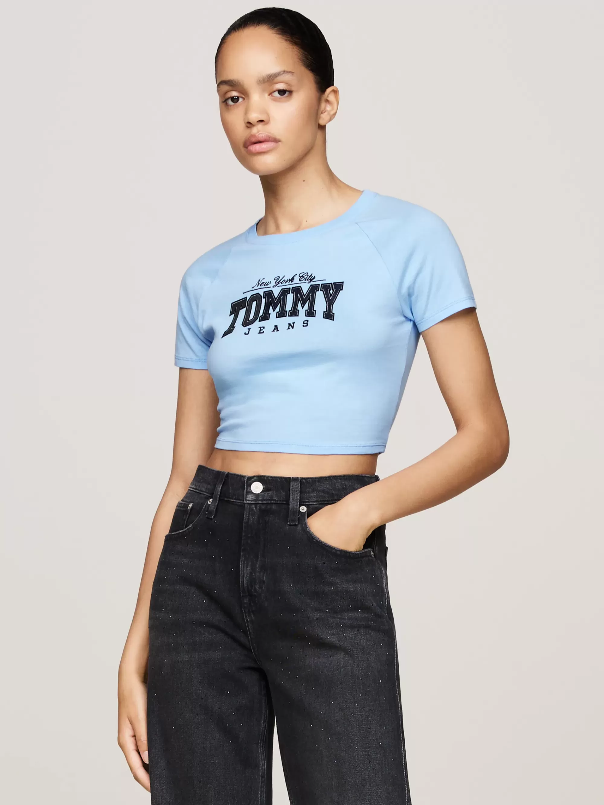 T-Shirts*Tommy Hilfiger Slim Fit Cropped T-shirt Met Glitterlogo VESSEL BLUE