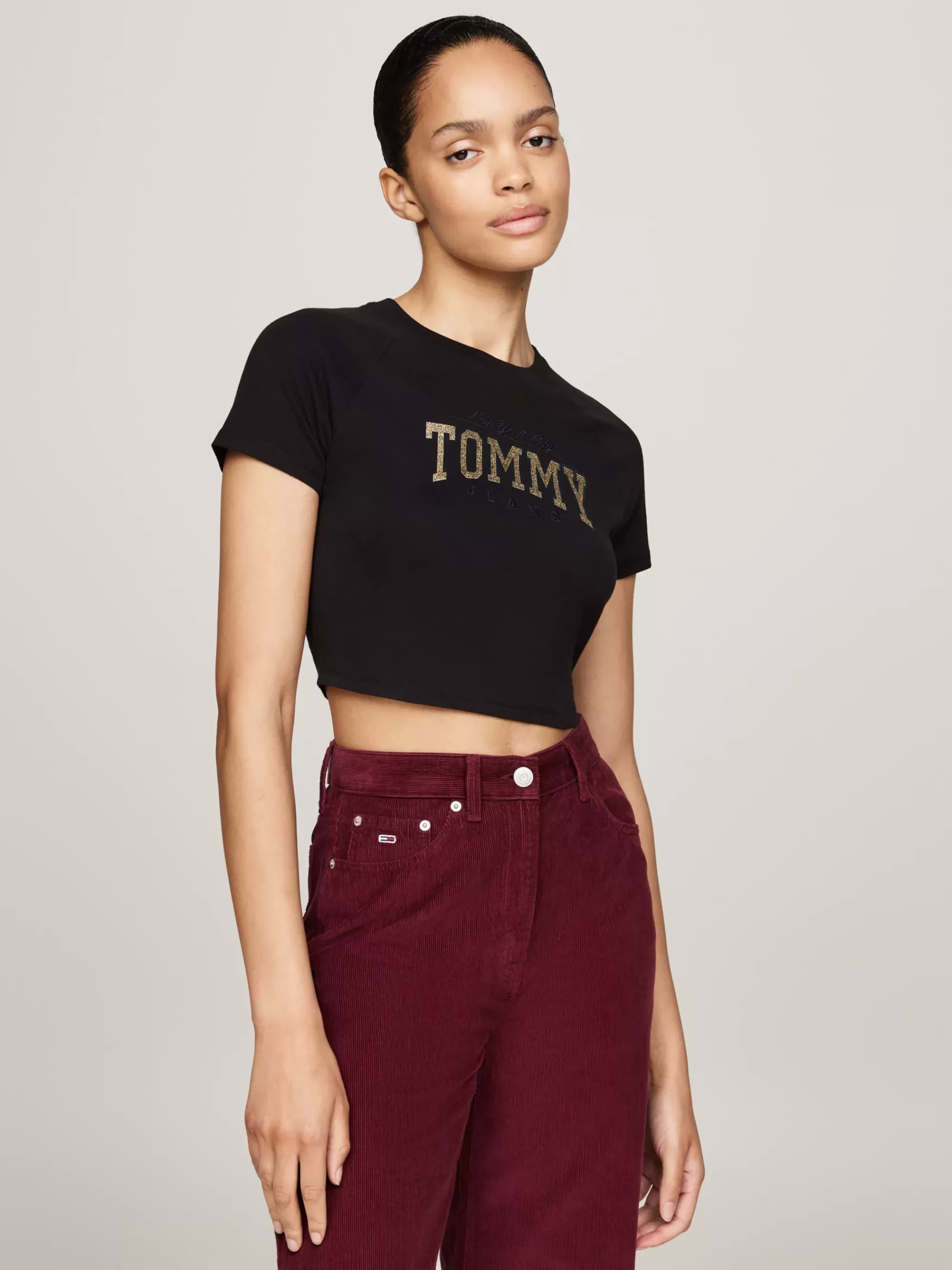 T-Shirts*Tommy Hilfiger Slim Fit Cropped T-shirt Met Glitterlogo BLACK