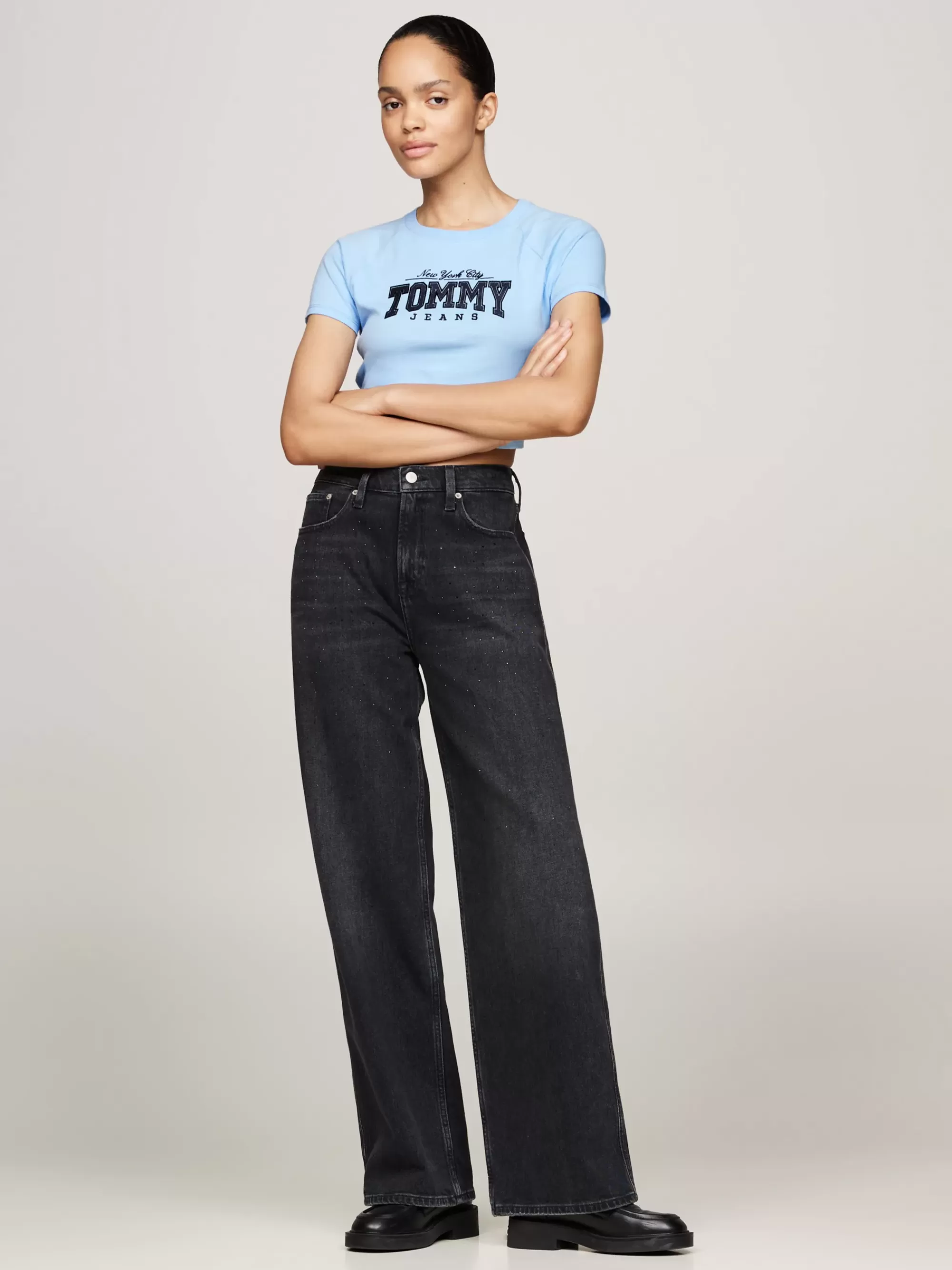 T-Shirts*Tommy Hilfiger Slim Fit Cropped T-shirt Met Glitterlogo VESSEL BLUE