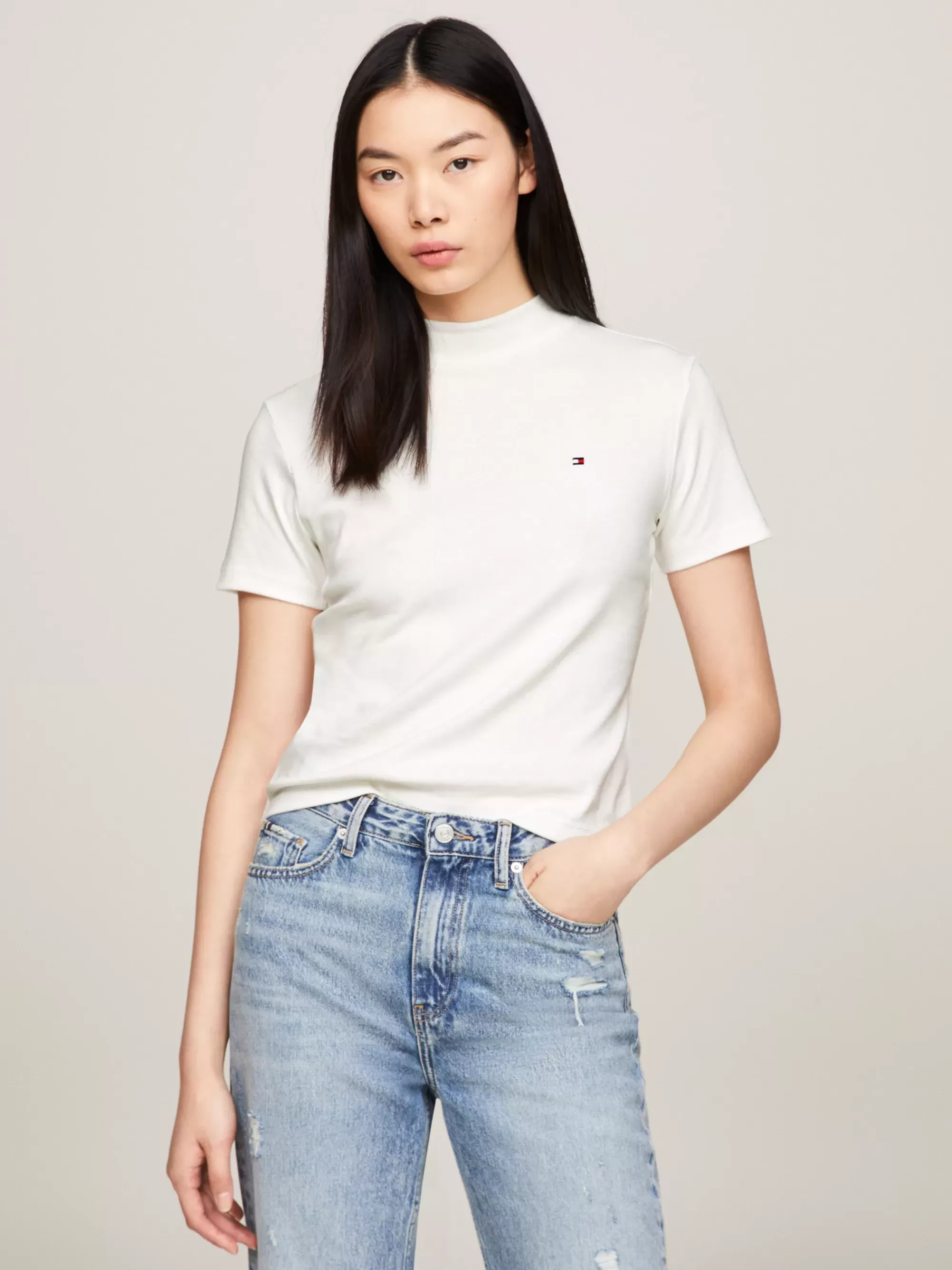 T-Shirts*Tommy Hilfiger Slim Fit Cropped T-shirt Met Opstaande Hals ECRU