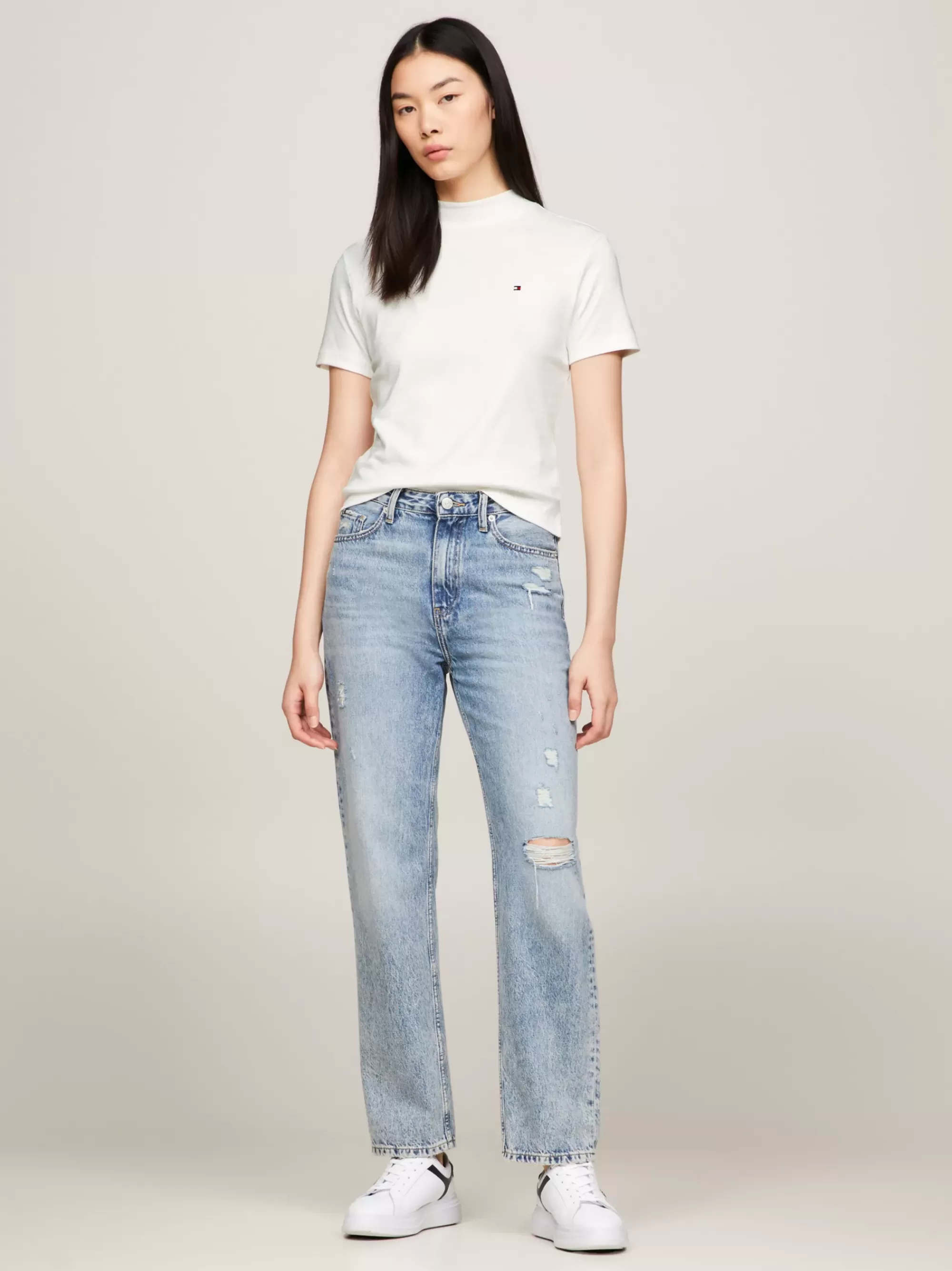 T-Shirts*Tommy Hilfiger Slim Fit Cropped T-shirt Met Opstaande Hals ECRU