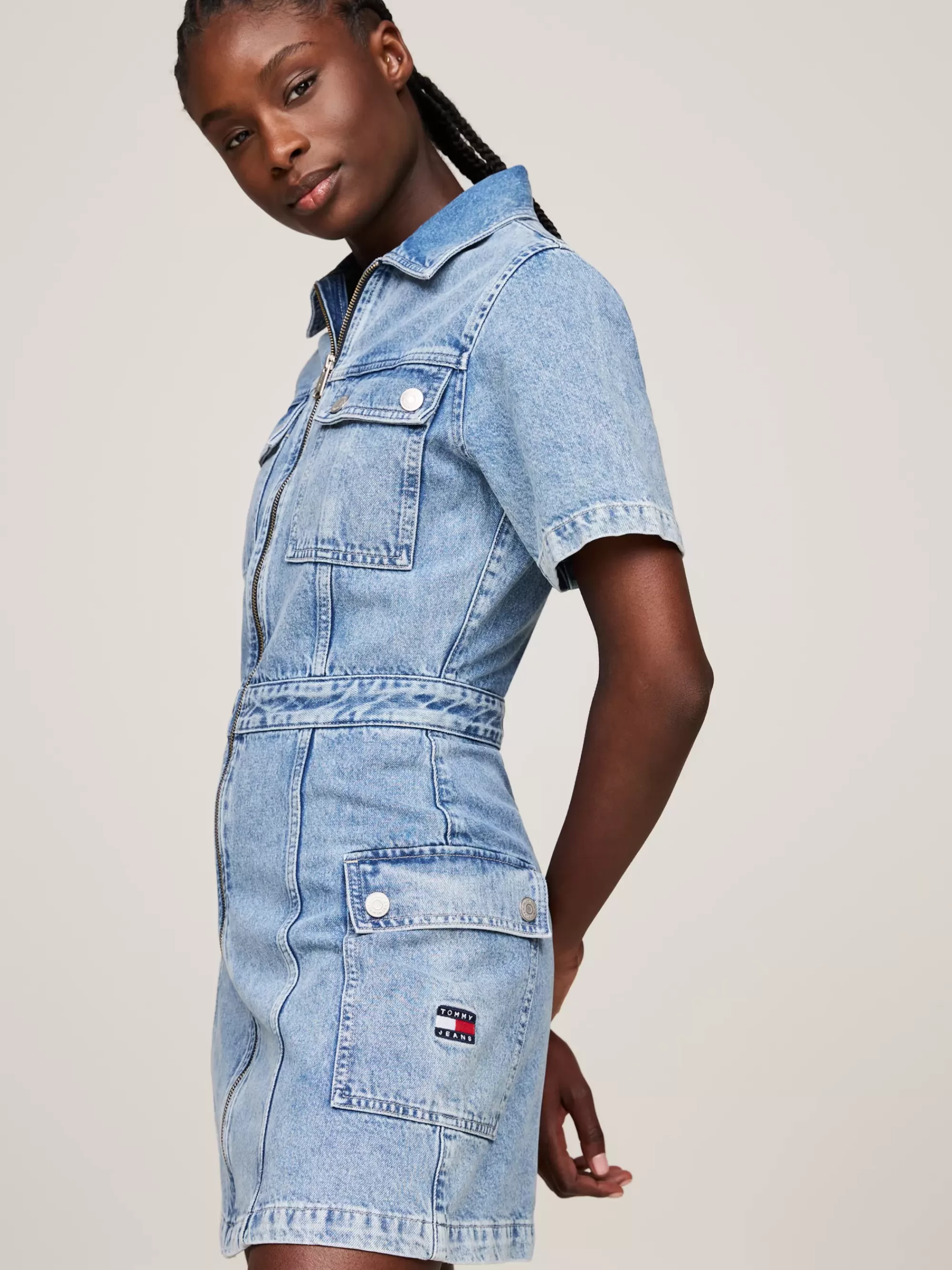 Jurken*Tommy Hilfiger Slim Fit Denim Utility Mini-jurk Met Rits DENIM MEDIUM