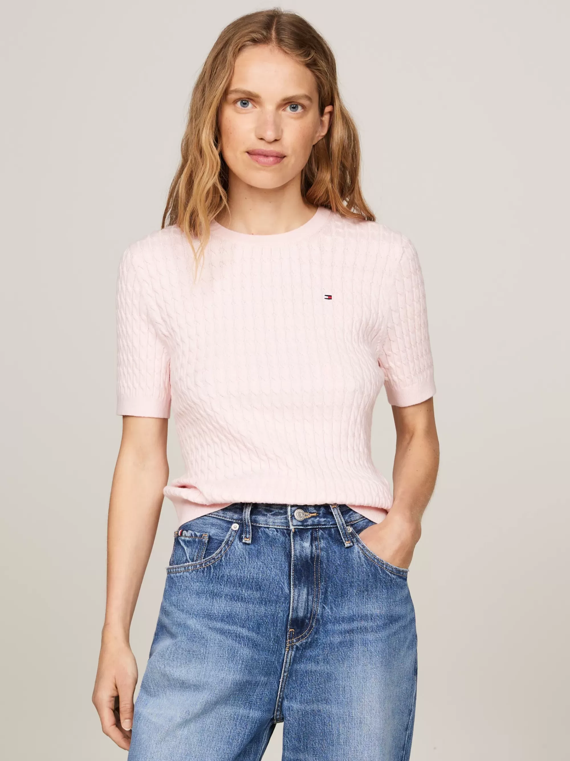 Truien Met Ronde Hals | Truien*Tommy Hilfiger Slim Fit Kabelgebreide Trui Met Korte Muowen DELICATE PINK