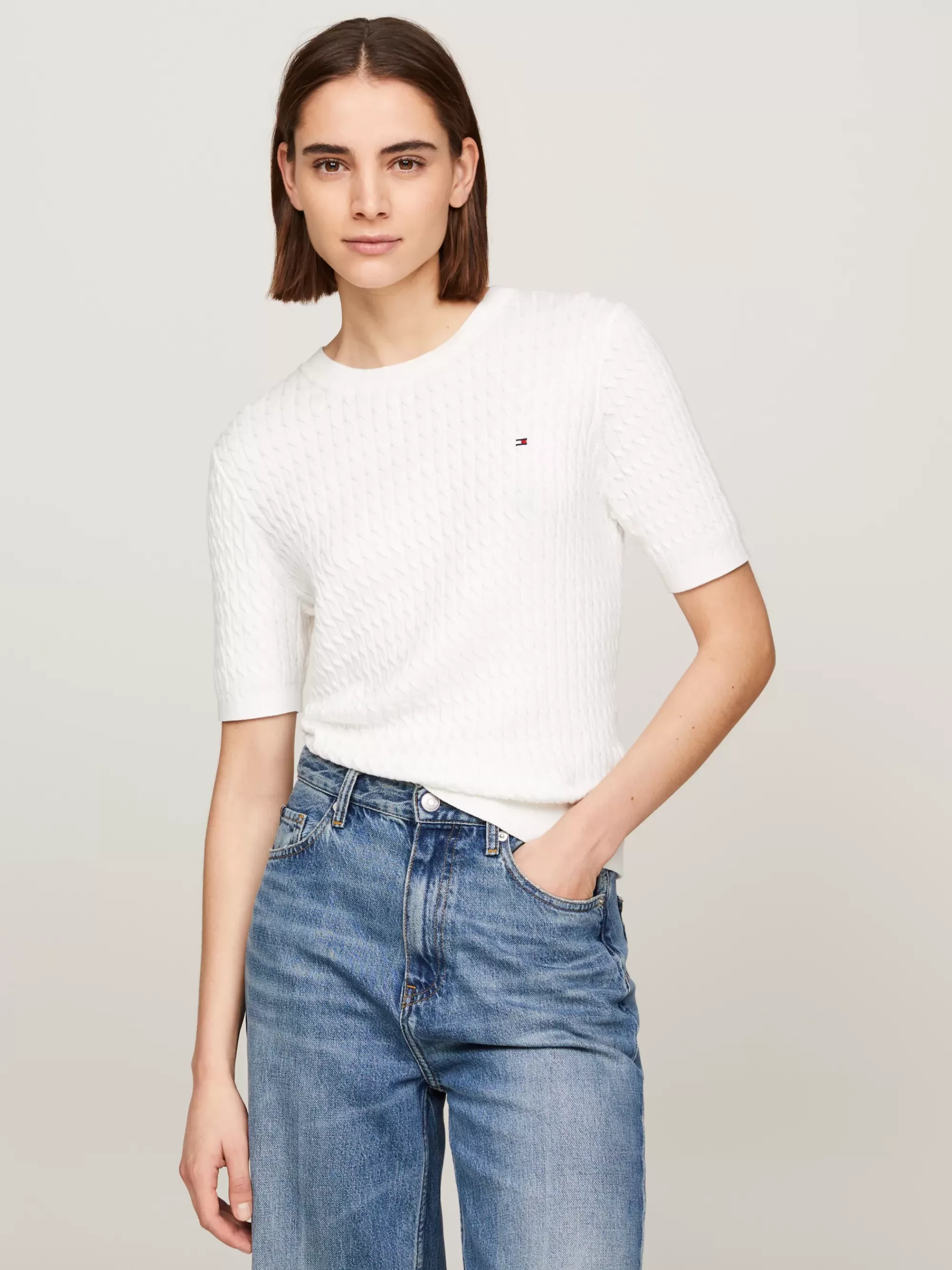 Truien Met Ronde Hals | Truien*Tommy Hilfiger Slim Fit Kabelgebreide Trui Met Korte Muowen ECRU