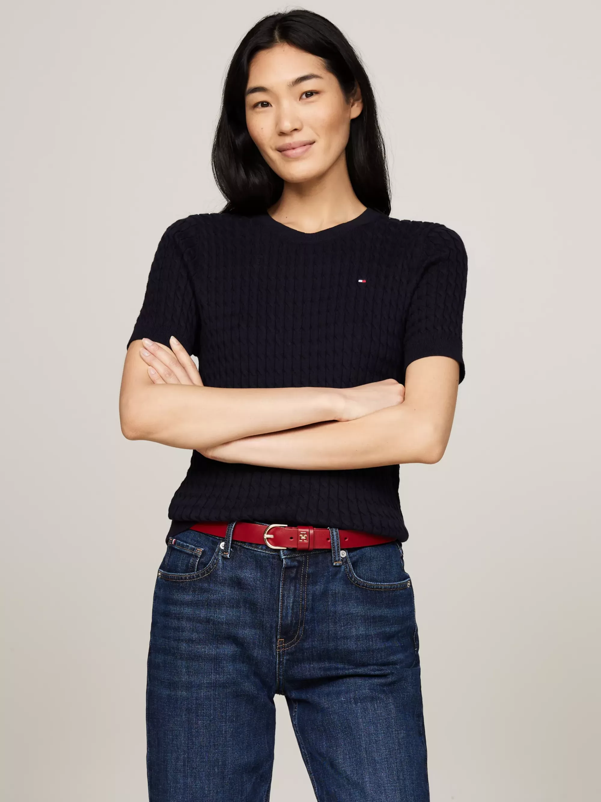 Truien Met Ronde Hals | Truien*Tommy Hilfiger Slim Fit Kabelgebreide Trui Met Korte Muowen DESERT SKY
