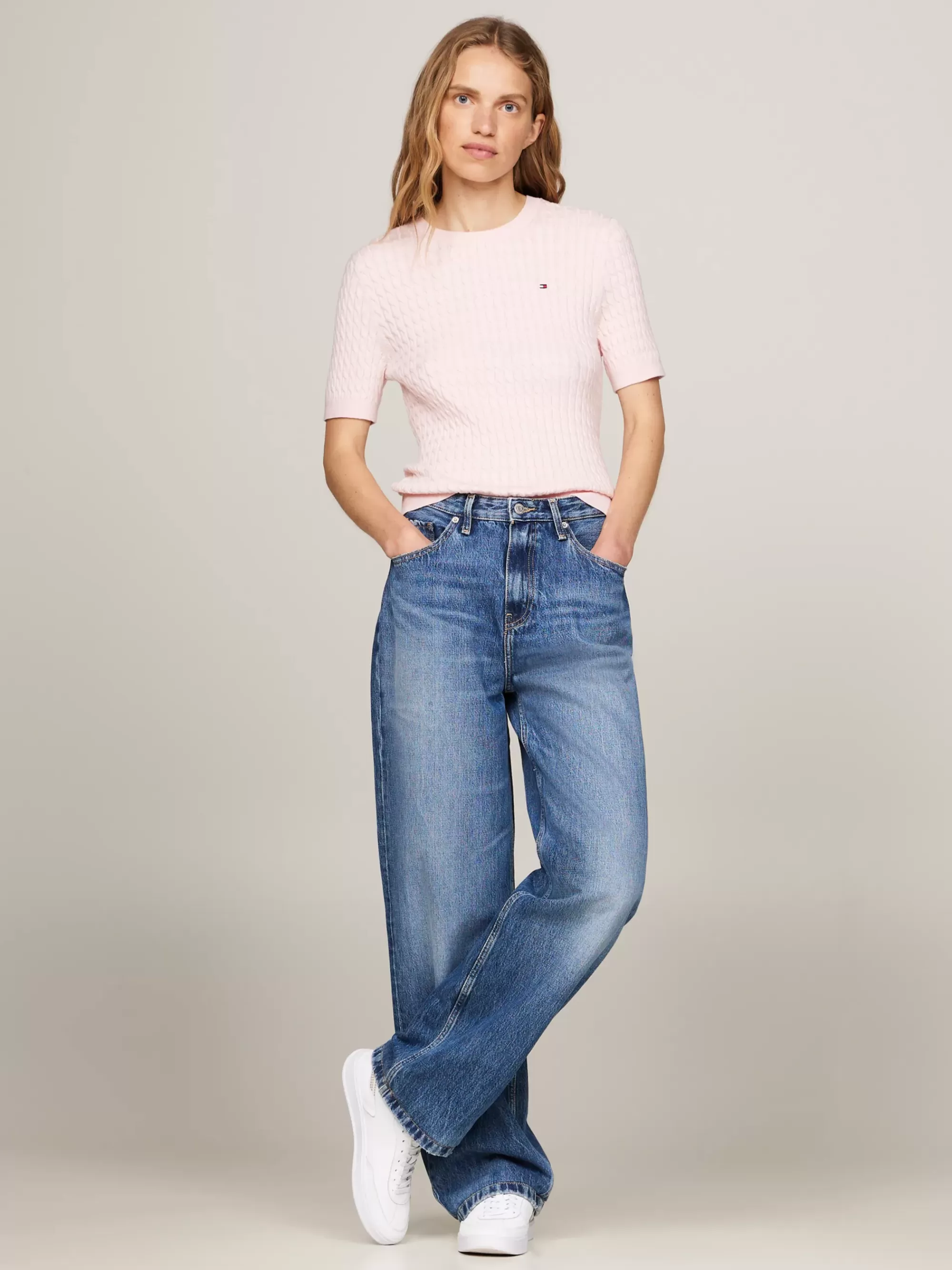 Truien Met Ronde Hals | Truien*Tommy Hilfiger Slim Fit Kabelgebreide Trui Met Korte Muowen DELICATE PINK
