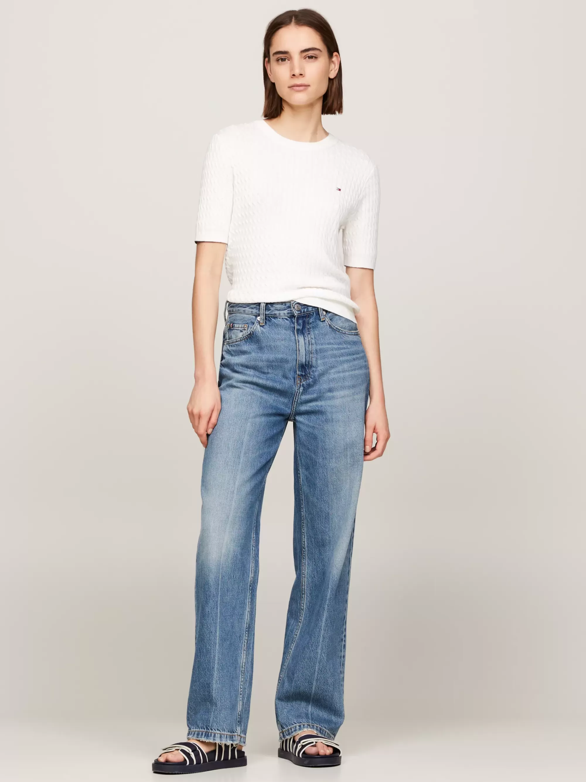 Truien Met Ronde Hals | Truien*Tommy Hilfiger Slim Fit Kabelgebreide Trui Met Korte Muowen ECRU
