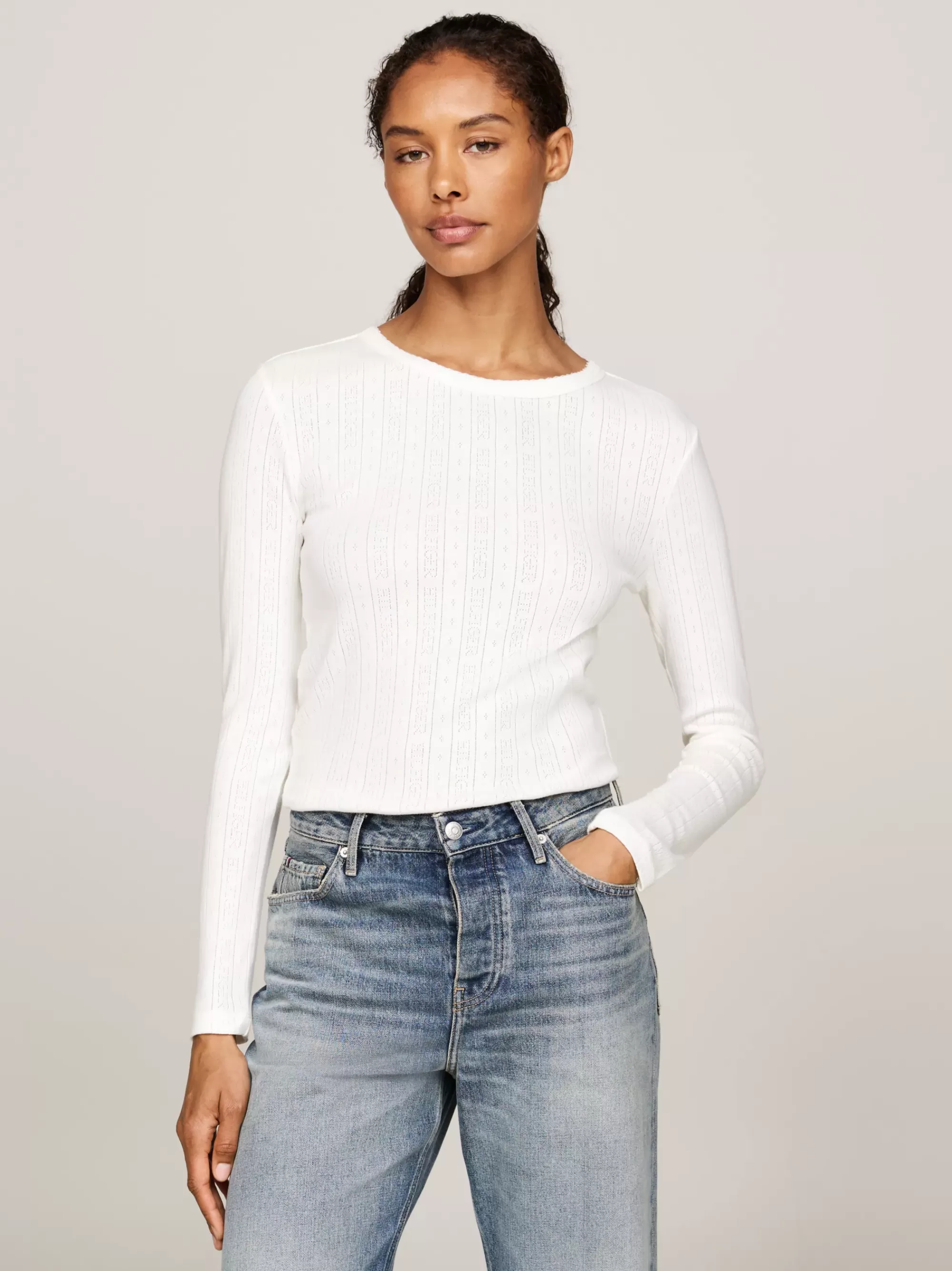 T-Shirts*Tommy Hilfiger Slim Fit Longsleeve T-shirt Met Ajour ANCIENT WHITE