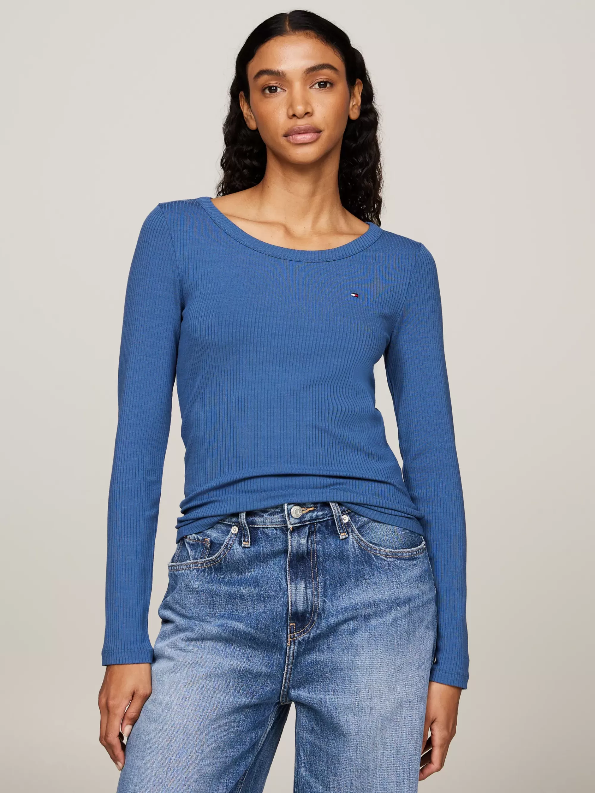 T-Shirts*Tommy Hilfiger Slim Fit Longsleeve T-shirt Met Boothals FOSSIL BLUE