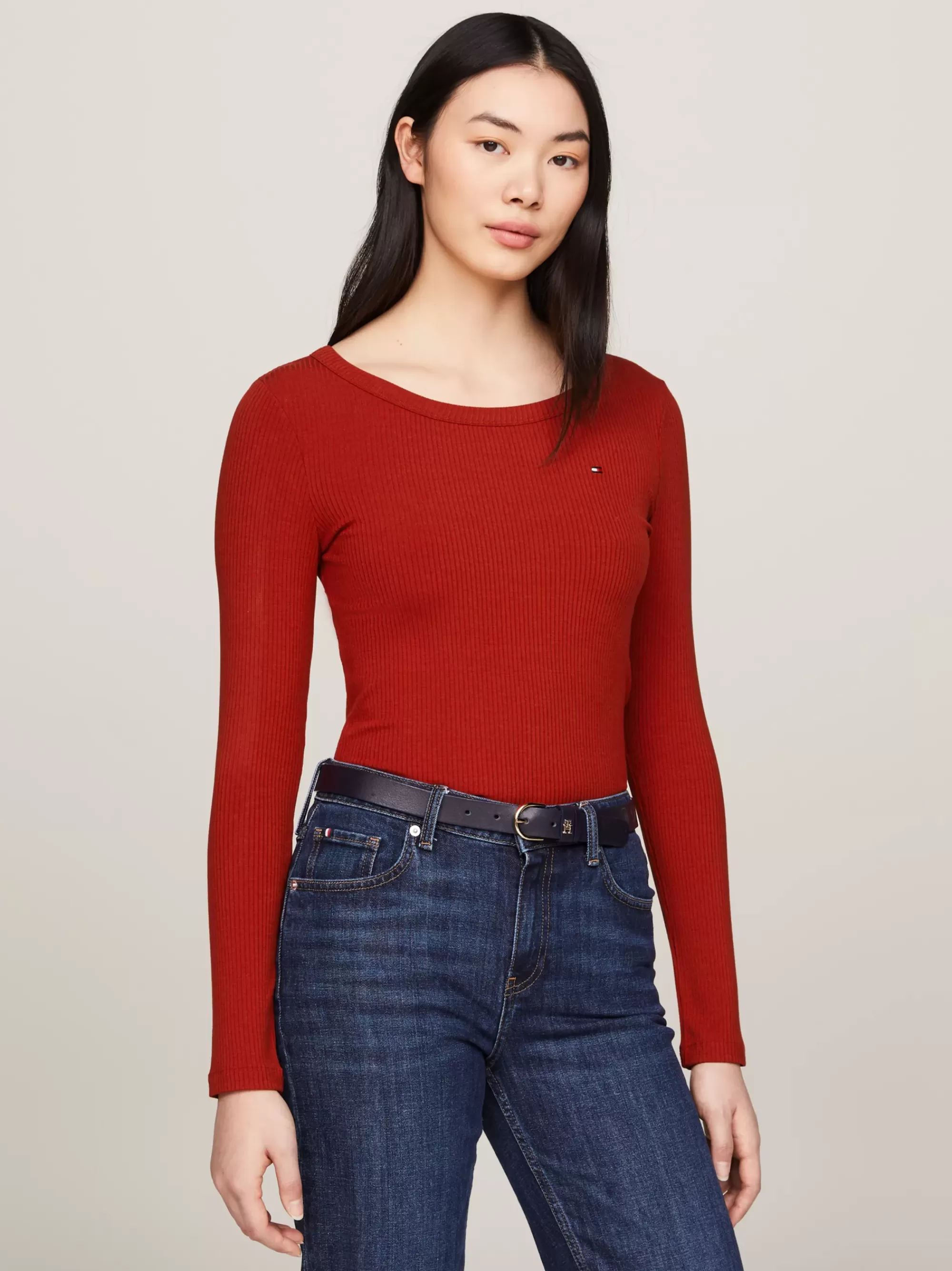 T-Shirts*Tommy Hilfiger Slim Fit Longsleeve T-shirt Met Boothals DARK MAGMA