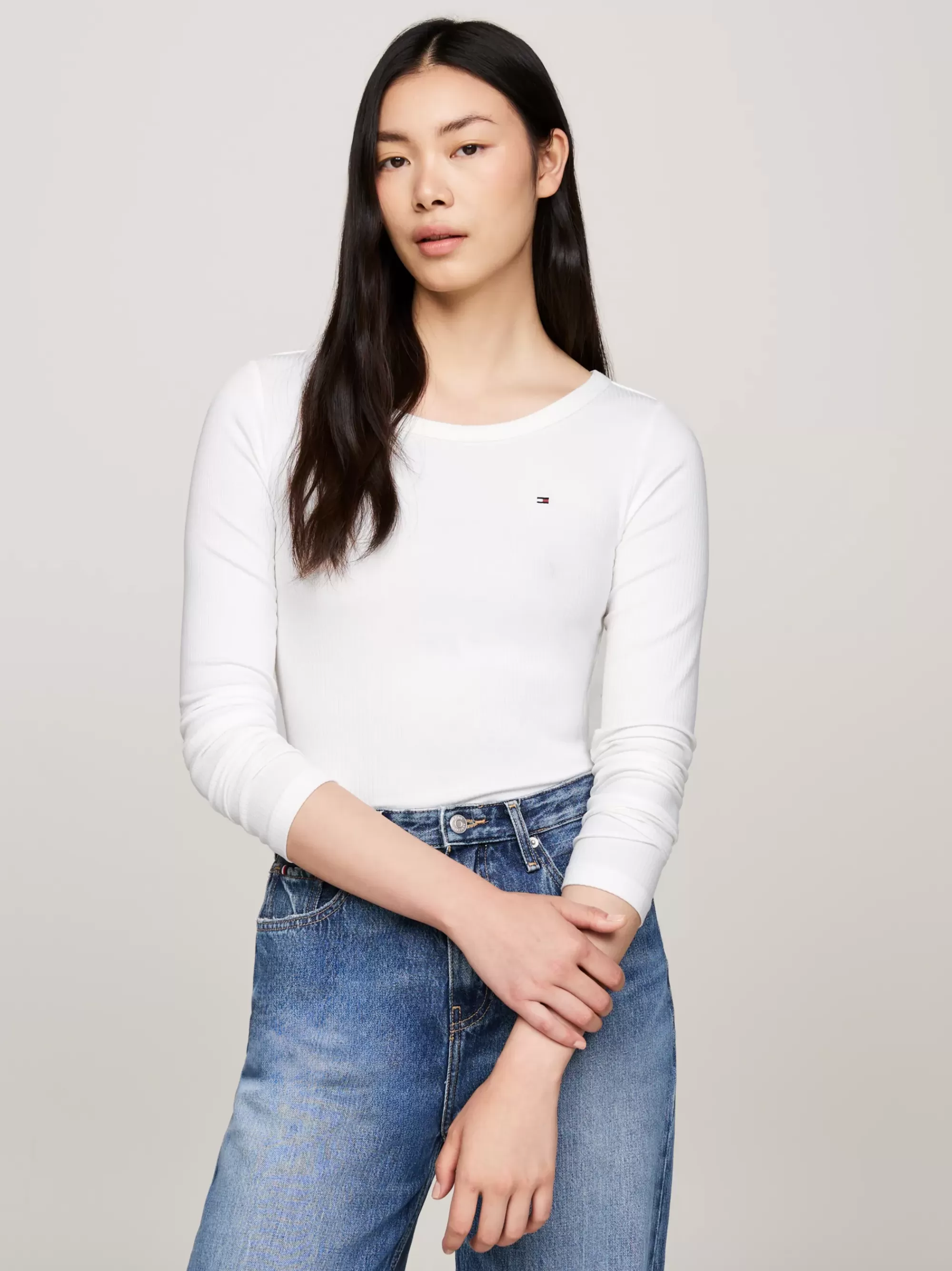 T-Shirts*Tommy Hilfiger Slim Fit Longsleeve T-shirt Met Boothals ECRU