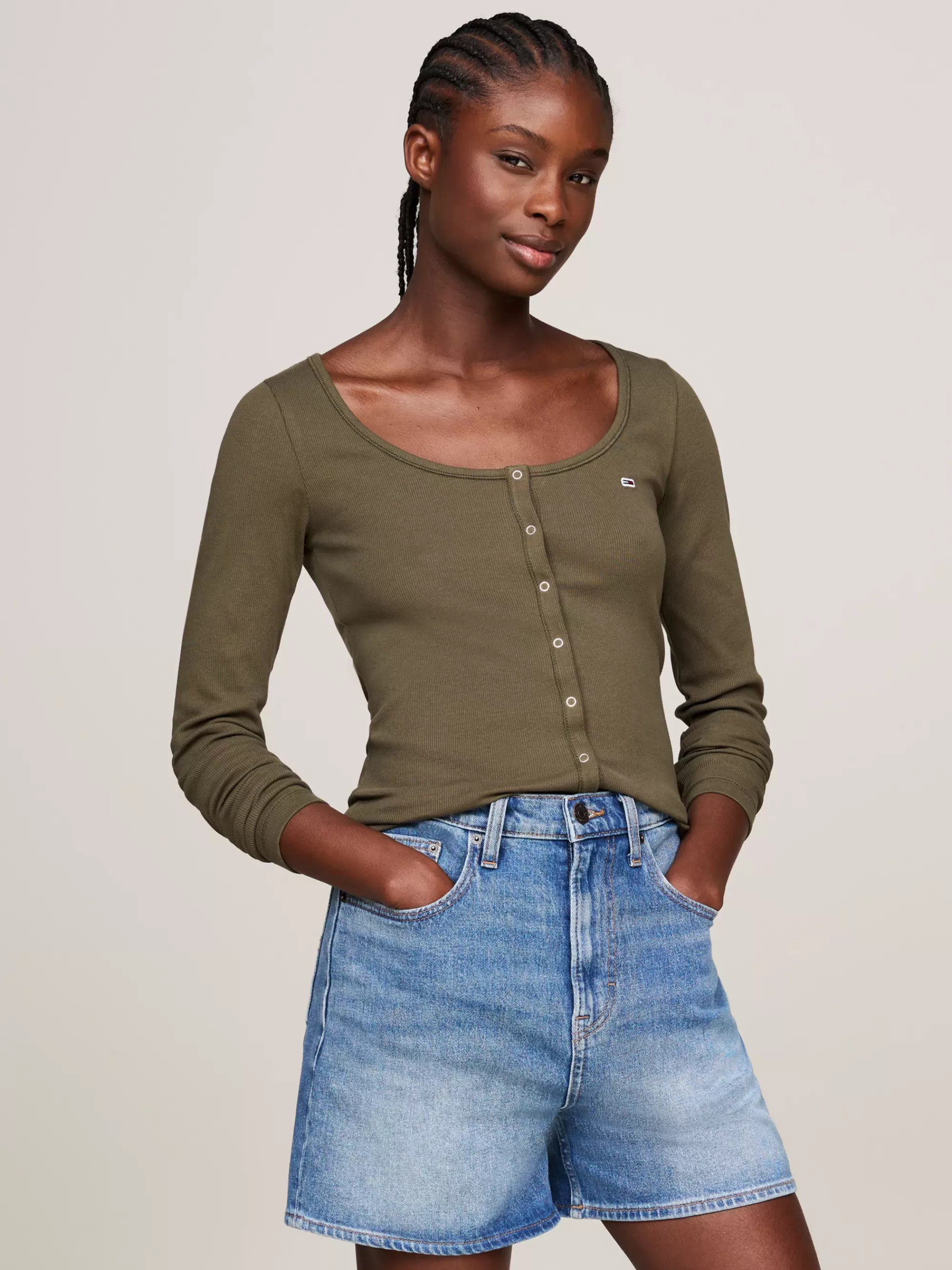T-Shirts*Tommy Hilfiger Slim Fit Longsleeve T-shirt Met Drukknopen FATIGUE GREEN