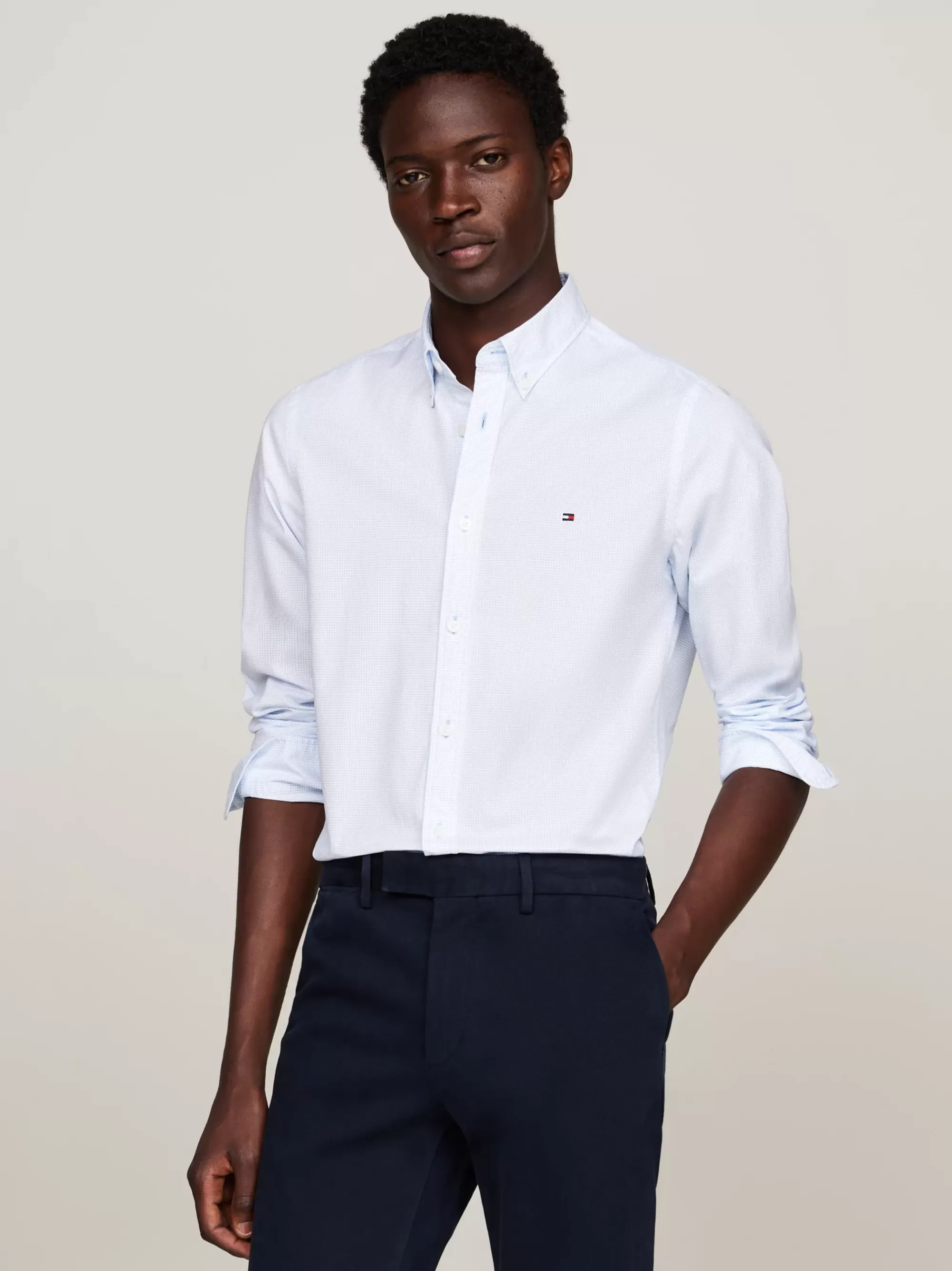 Overhemden*Tommy Hilfiger Slim Fit Overhemd Met Microprint OPTIC WHITE / VESSEL BLUE