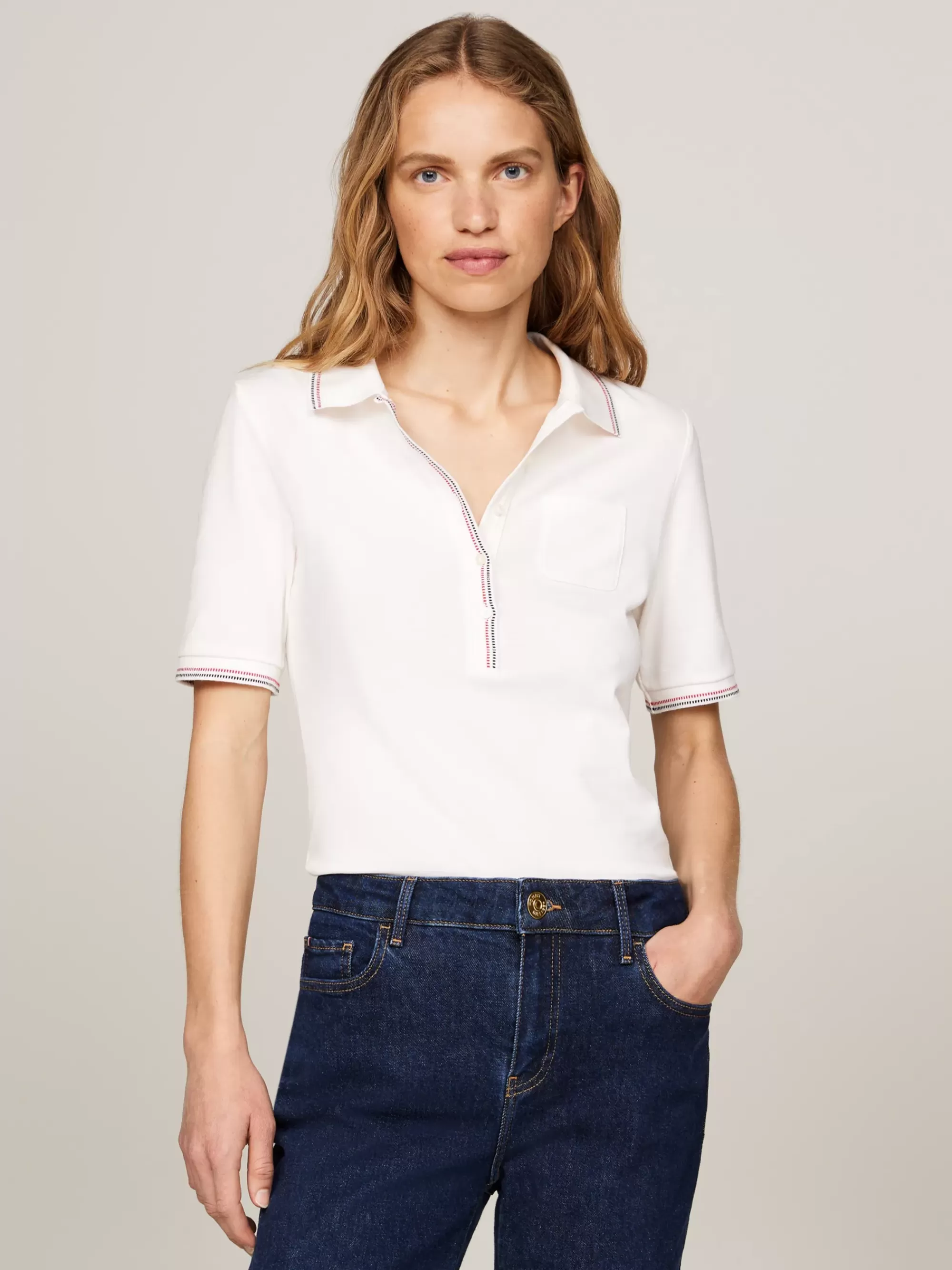 Polo's*Tommy Hilfiger Slim Fit Polo Met Opgestikte Borstzak ANCIENT WHITE