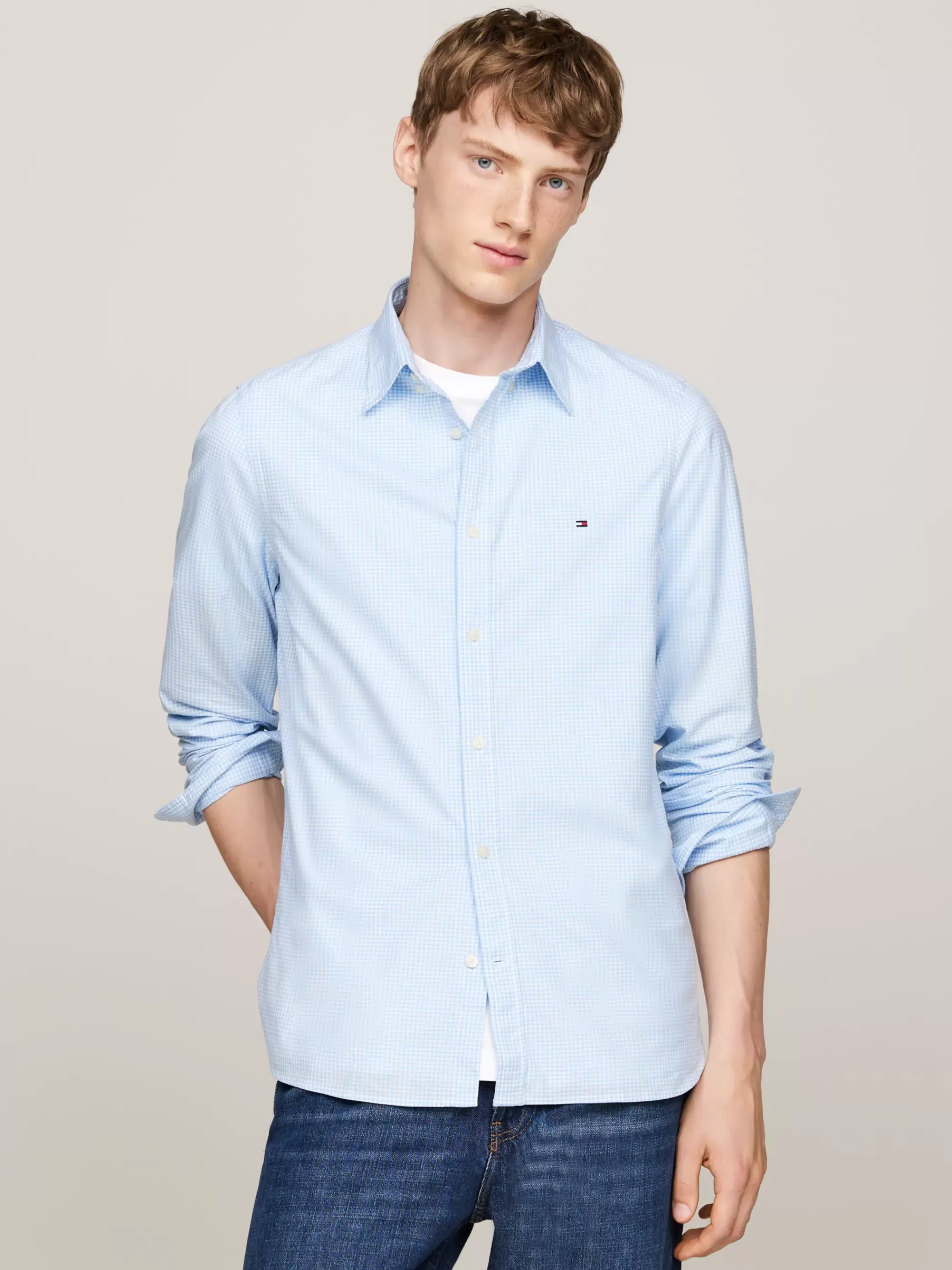Overhemden*Tommy Hilfiger Slim Fit Poplin Overhemd Met Micro-ginghamruit VESSEL BLUE/OPTIC WHITE