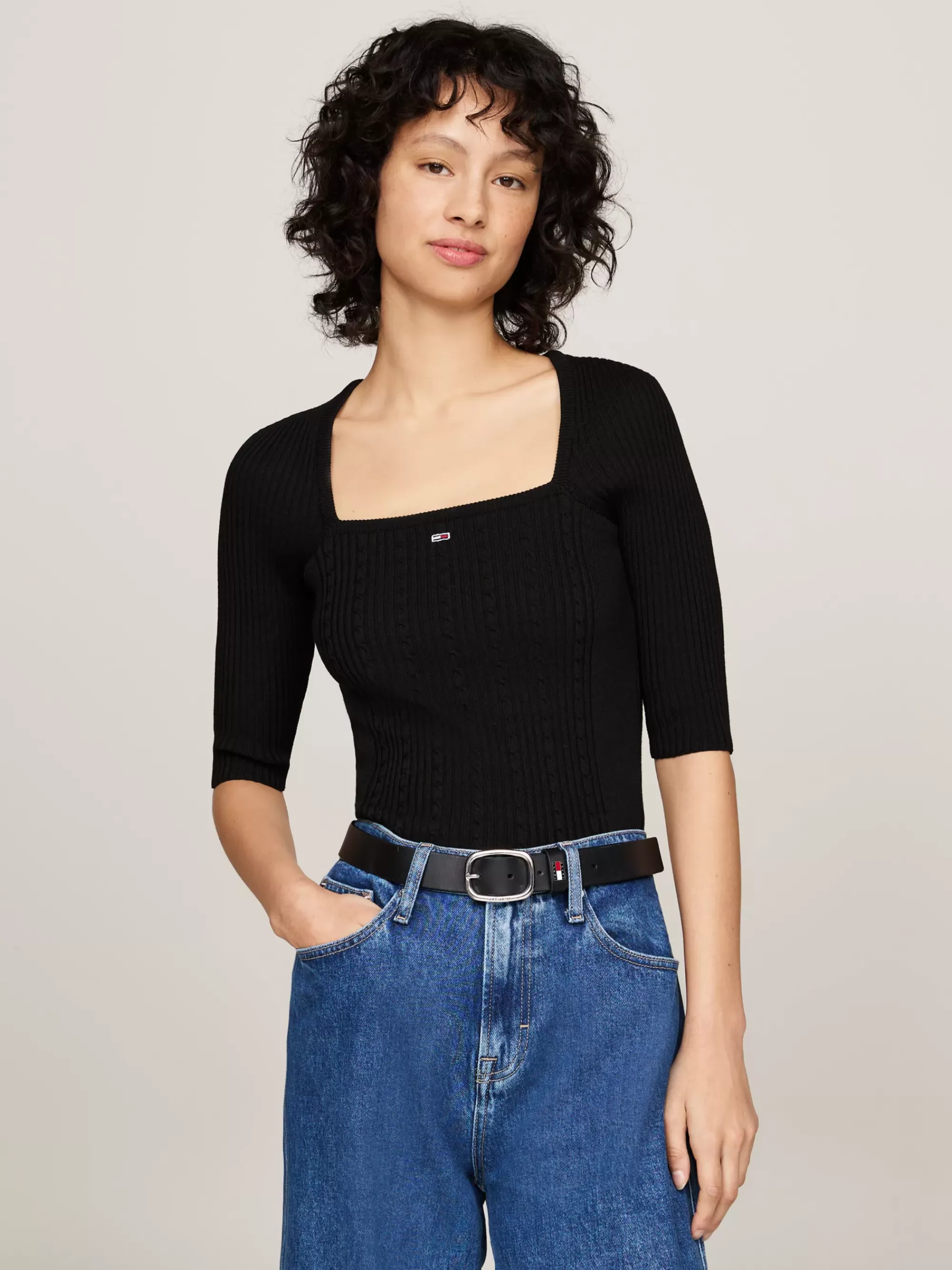 Truien Met Ronde Hals | Truien*Tommy Hilfiger Slim Fit Trui Met Halve Mouw En Vierkante Hals BLACK