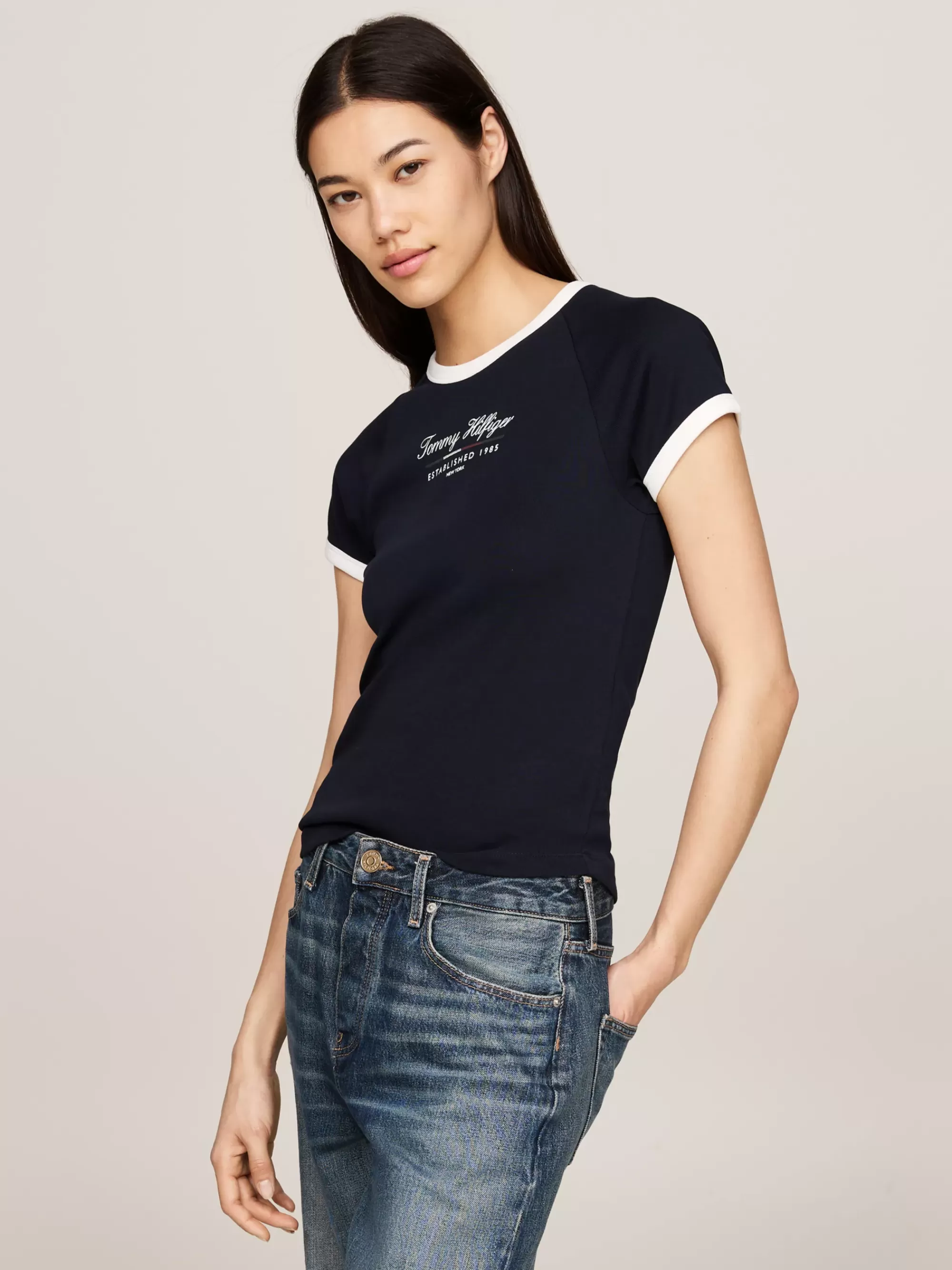 T-Shirts*Tommy Hilfiger Slim Fit T-shirt Met Contrasterende Biezen DESERT SKY