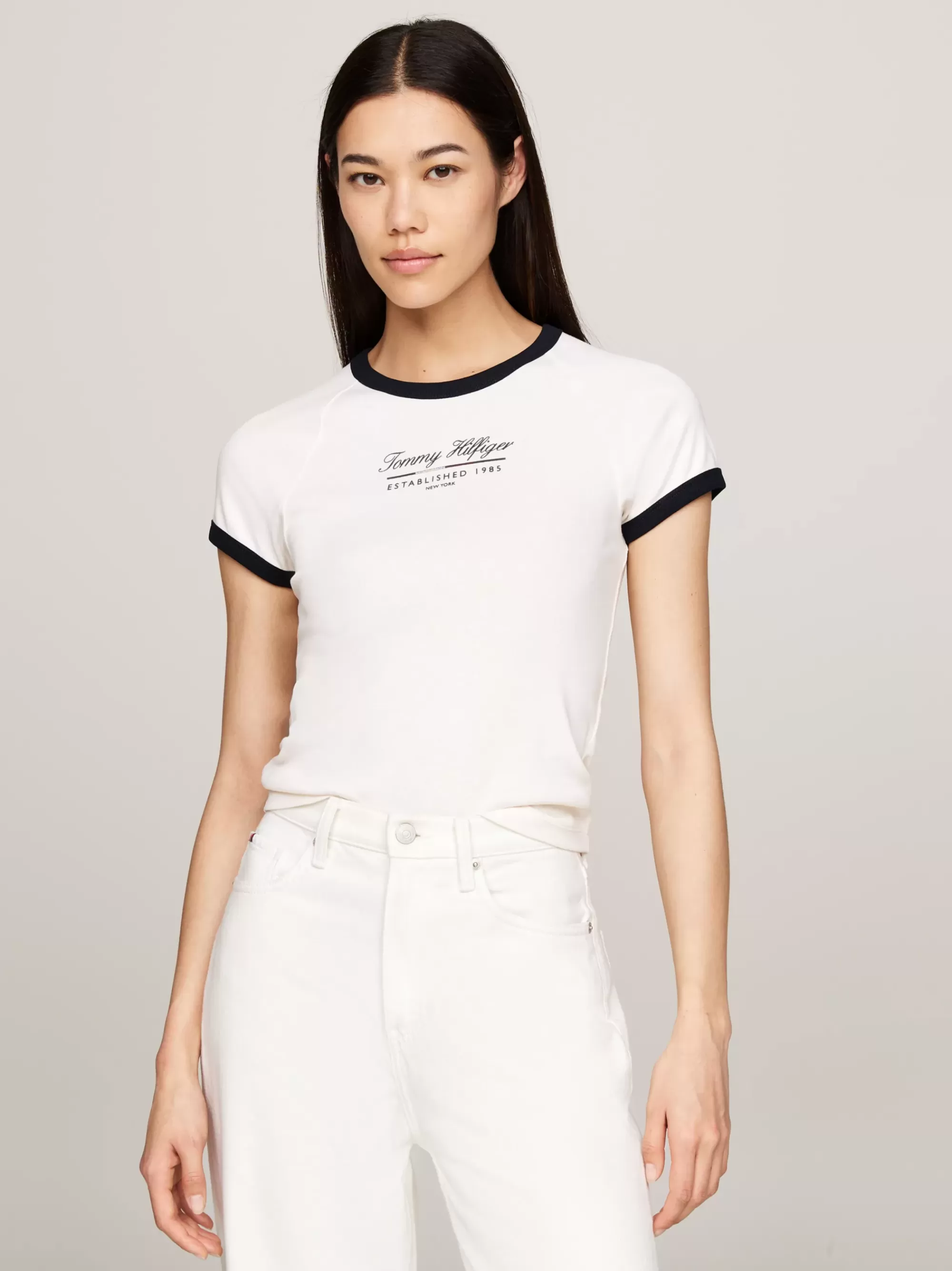 T-Shirts*Tommy Hilfiger Slim Fit T-shirt Met Contrasterende Biezen ANCIENT WHITE