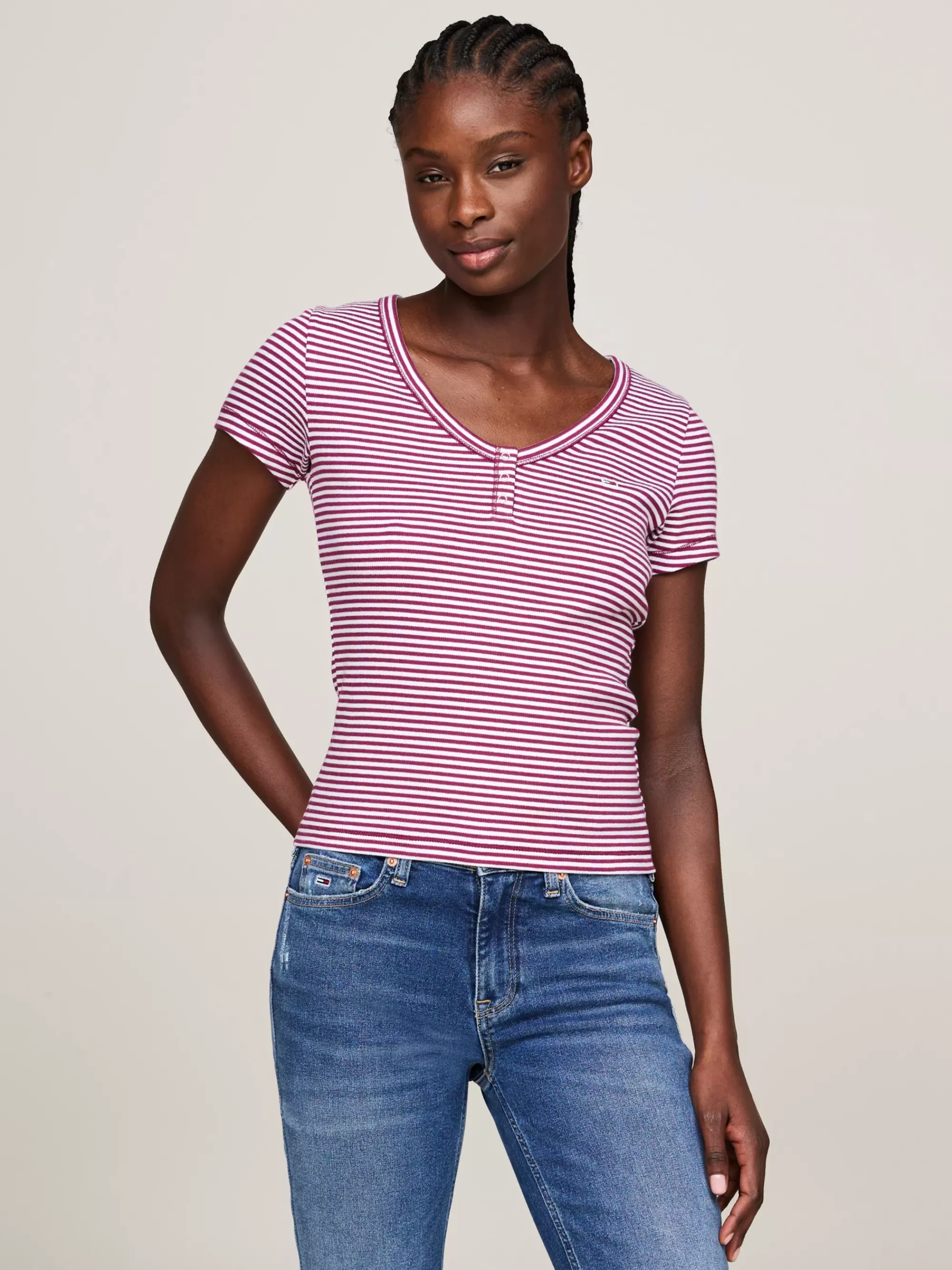 T-Shirts*Tommy Hilfiger Slim Fit T-shirt Met Henley-hals En Strepen VALLEY GRAPE / MULTI