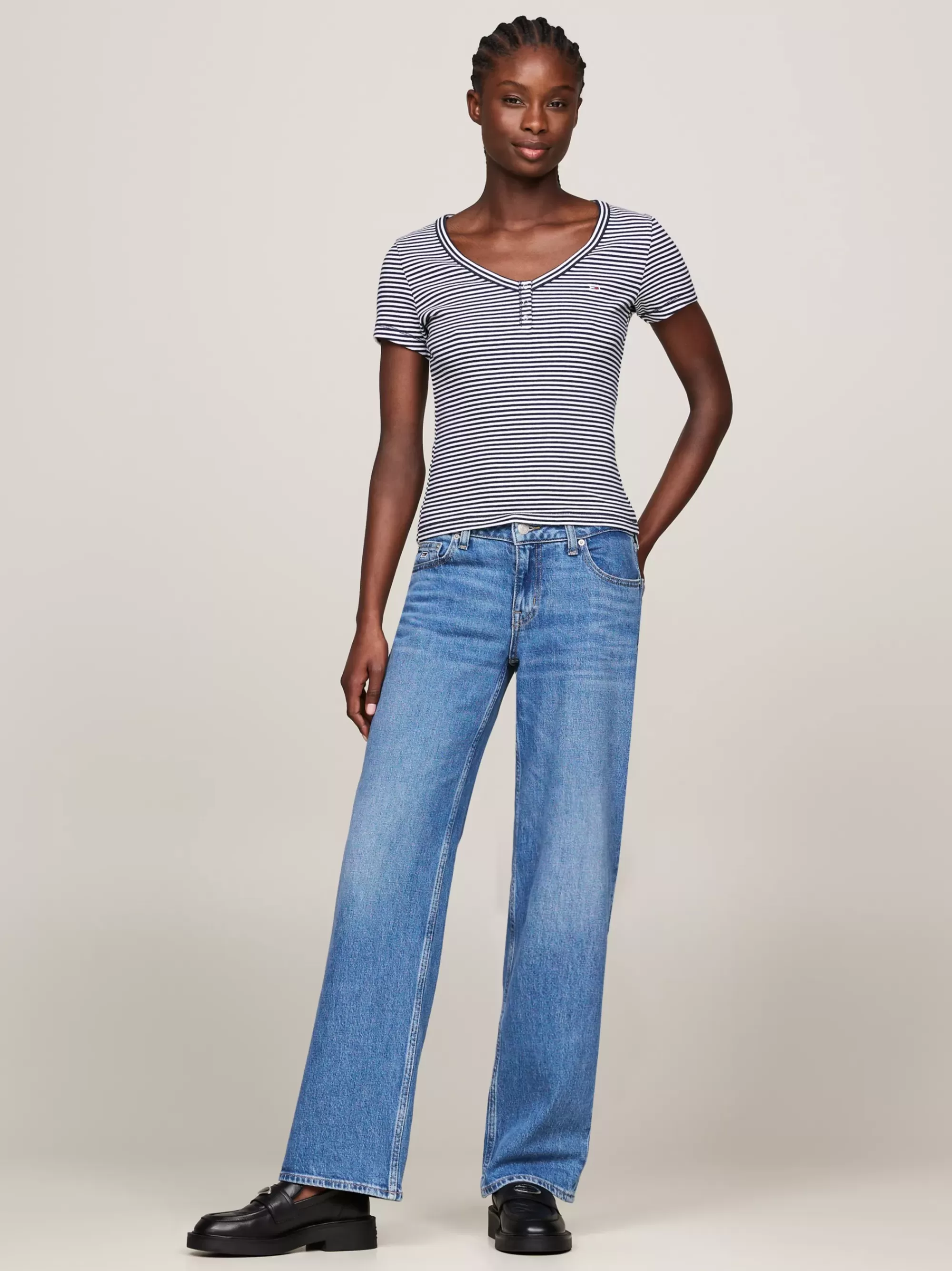 T-Shirts*Tommy Hilfiger Slim Fit T-shirt Met Henley-hals En Strepen DARK NIGHT NAVY / MULTI