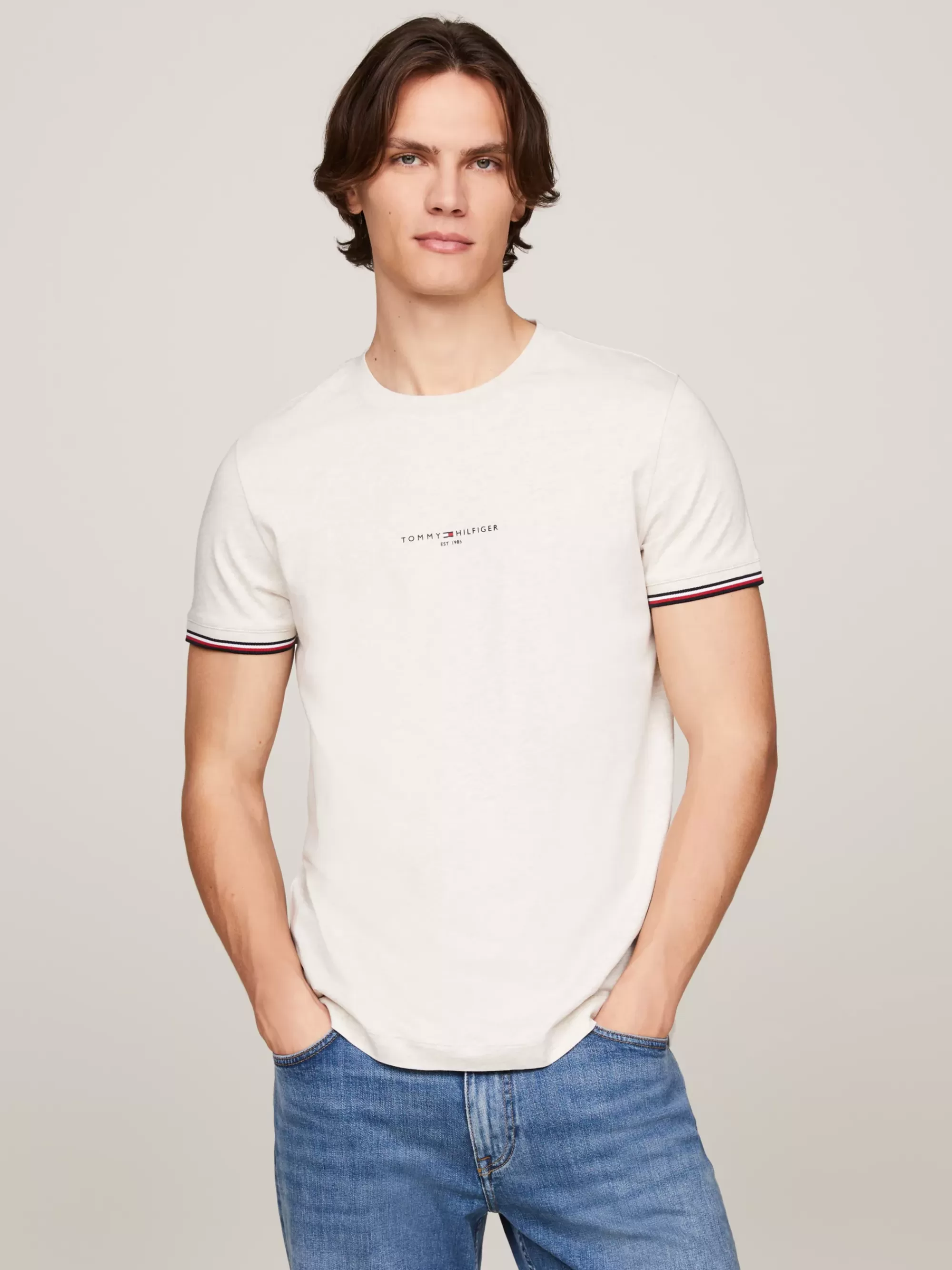 T-Shirts*Tommy Hilfiger Slim Fit T-shirt Met Signature-randen HEATHERED OATMILK